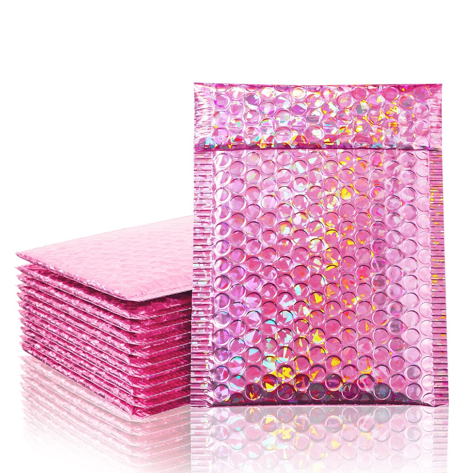 Outus 50 buste metalliche imbottite a bolle d'aria per spedizioni postali in poliestere con glitter imbottite con chiusura adesiva, per imballaggio postale (rosso rosa glitterato)