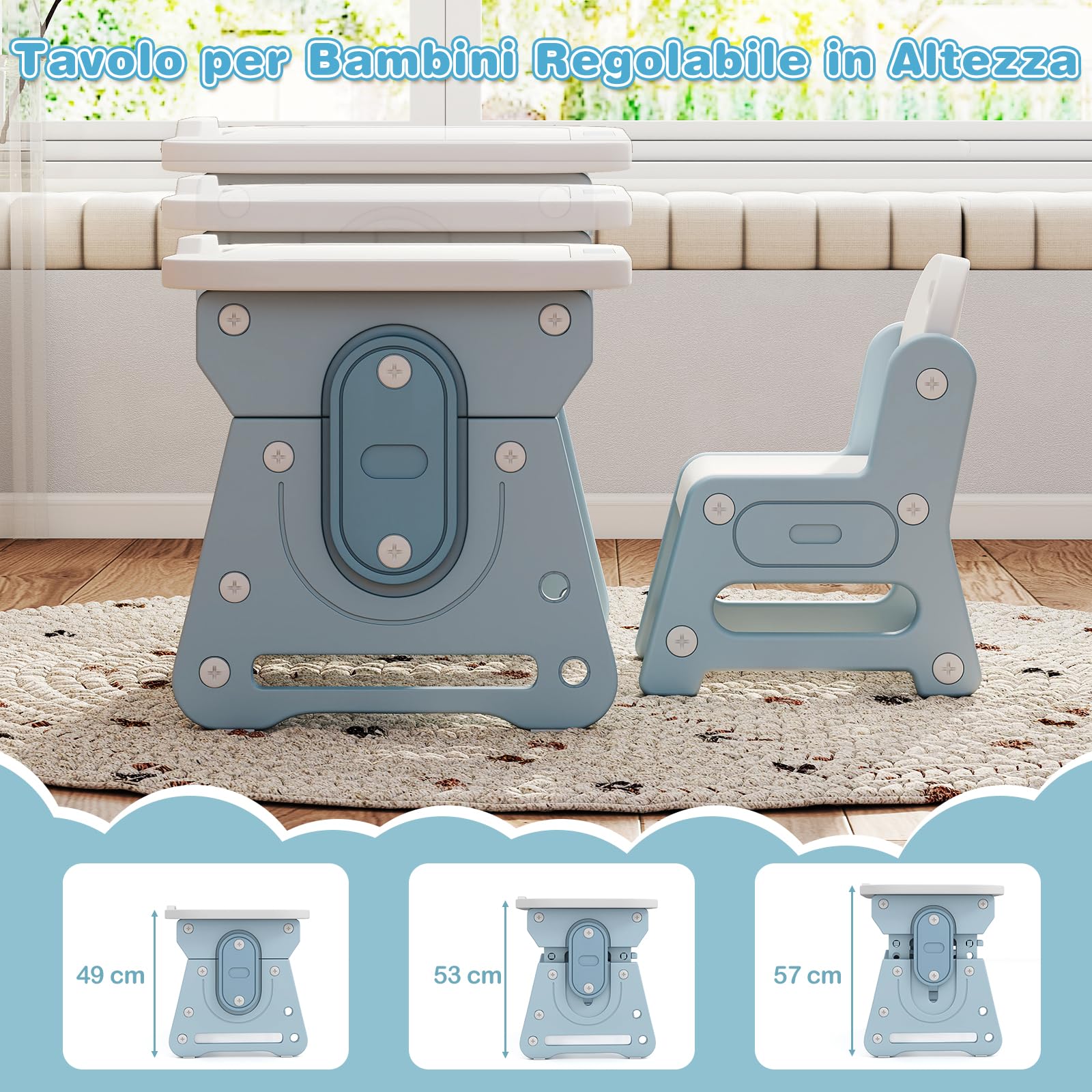 COSTWAY Set Tavolo e Sedia per Bambini 3+ Anni, Tavolo Regolabile in Altezza con Lavagna Inclinabile, Sedia Ergonomica, Supporto per Libri e Ripiano Concavo, per Disegnare e Leggere (Blu)