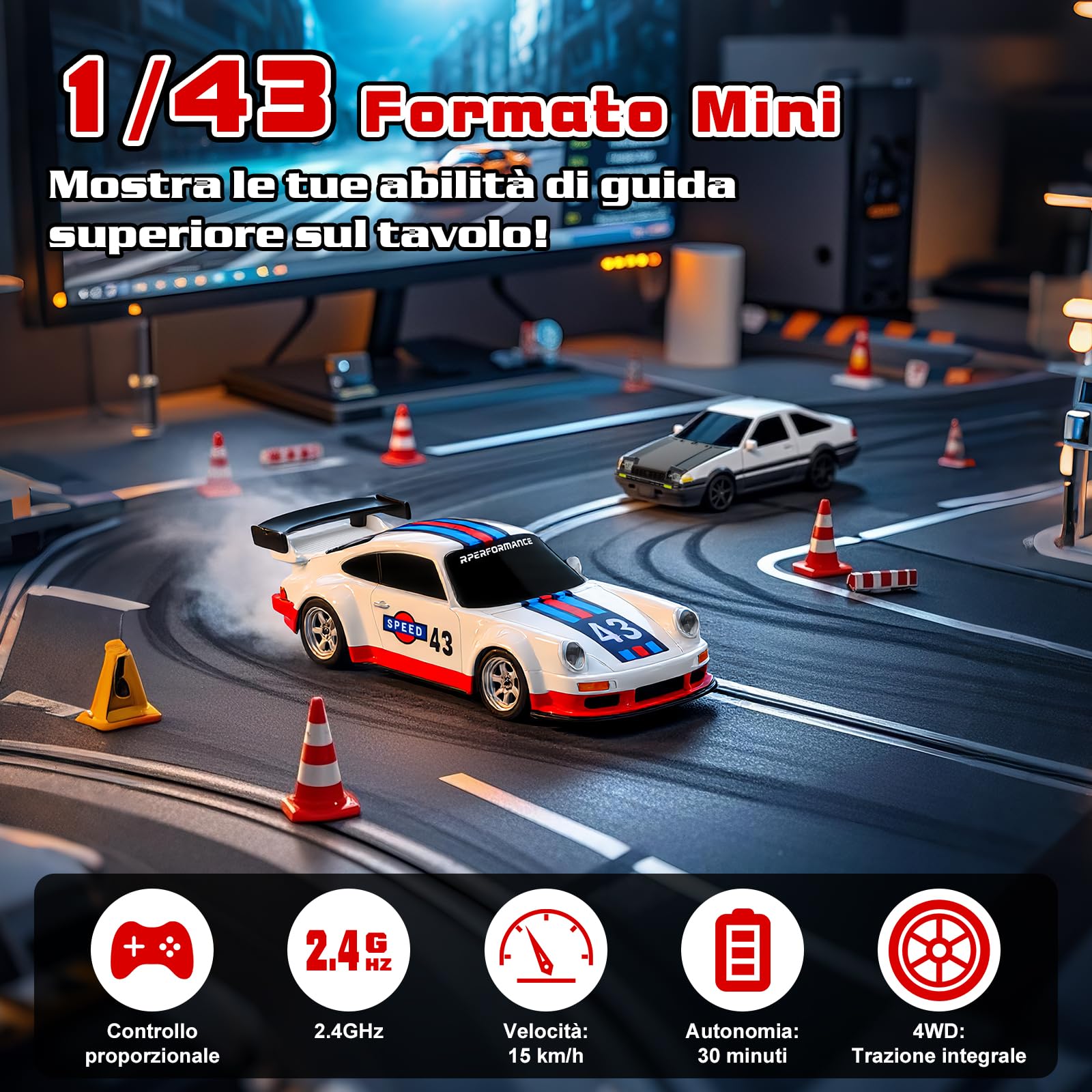 Joellfuner Macchina Telecomandata Drift, 1:43 Mini RC Drift Car, Auto Telecomandata, Micro Macchina Telecomandata con Luce LED, 15km/h, Auto Giocattolo per Bambini di 14 Anni (Standard)