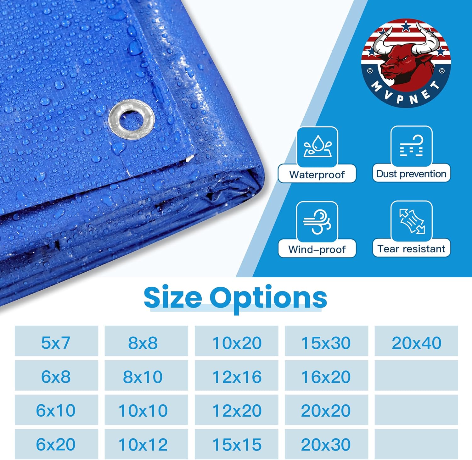 MVPMET Tarp 12x16 Feet 8Mil Multipurpose Waterproof Blue Tarps,UV Resistant, for Covering Courtyards,Emergency Rain Shelter, Camping Tarps.