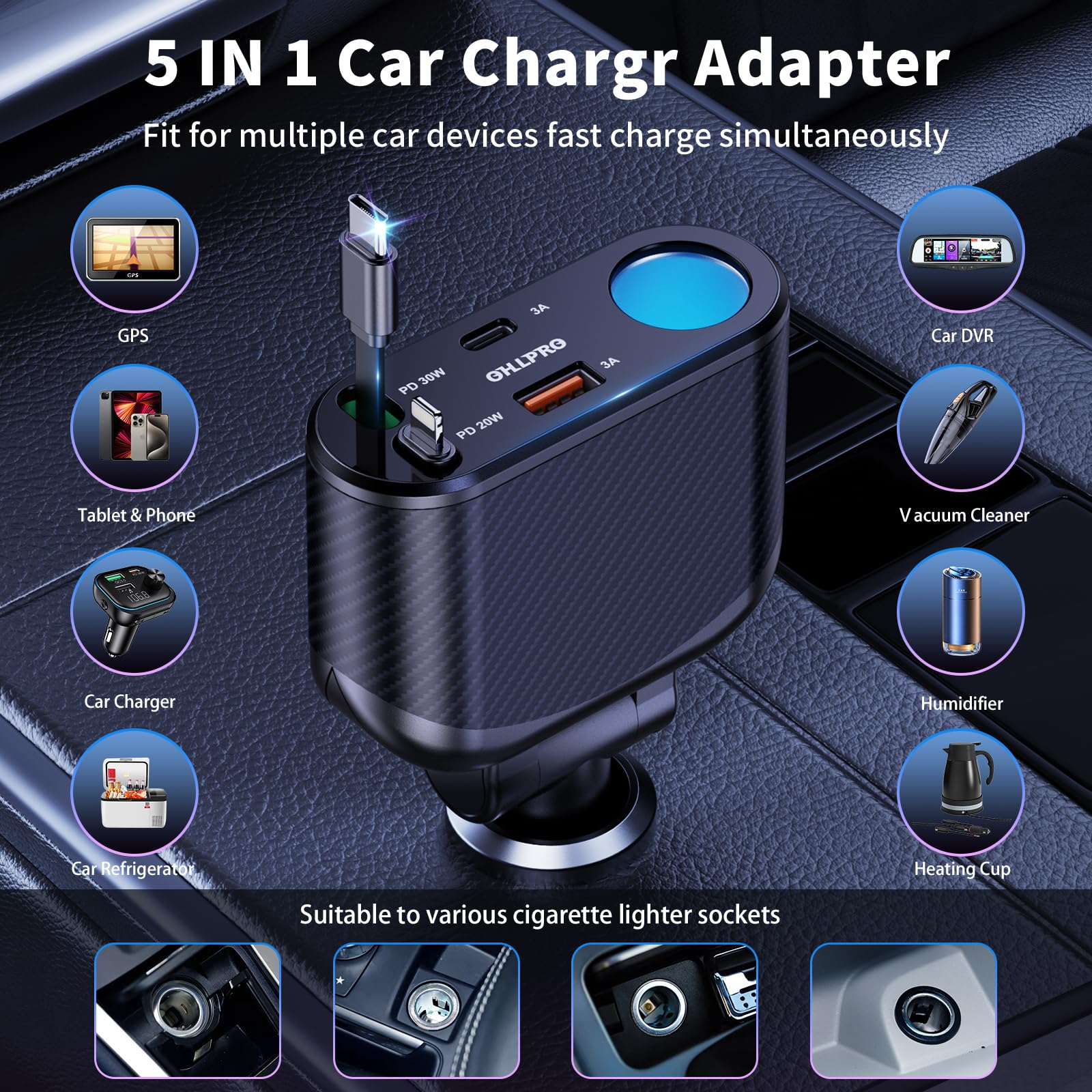OHLPRO 5 en 1 Chargeur de Voiture Retractable, 168W Multi Prise Adaptateur Allume Cigare USB C, 5 Ports Dual Cable Rapide Charge PD3.0 Allume, Compatible avec iPhone,Samsung, Xiaomi, GPS, Tablette