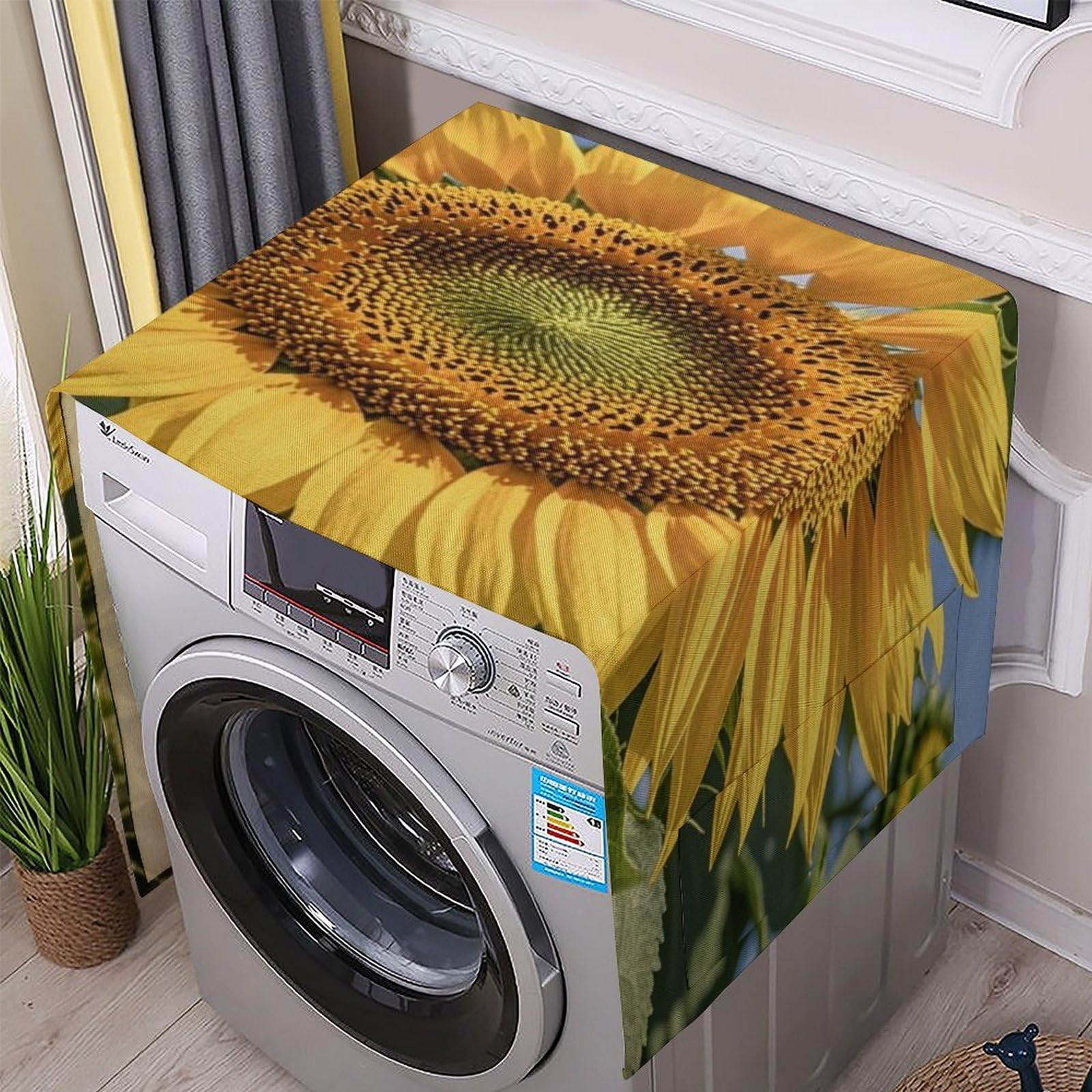 Fodpand White Washing Machine Cover For Top Load Dustproof Sunflower Washer And Dryer Cover With Storage Pockets Household Appliance Covers Washable Top Protector Mat Pad For Laundry & Kitchen