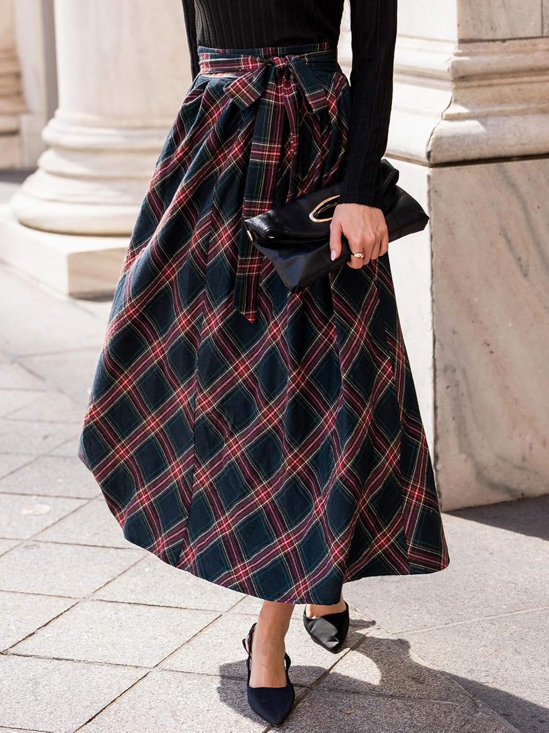 CUPSHE Women's Plaid Maxi Skirts Dressy A Line Tie Waist Long Skirt Casual Vintage Office with Pockets - Image 3