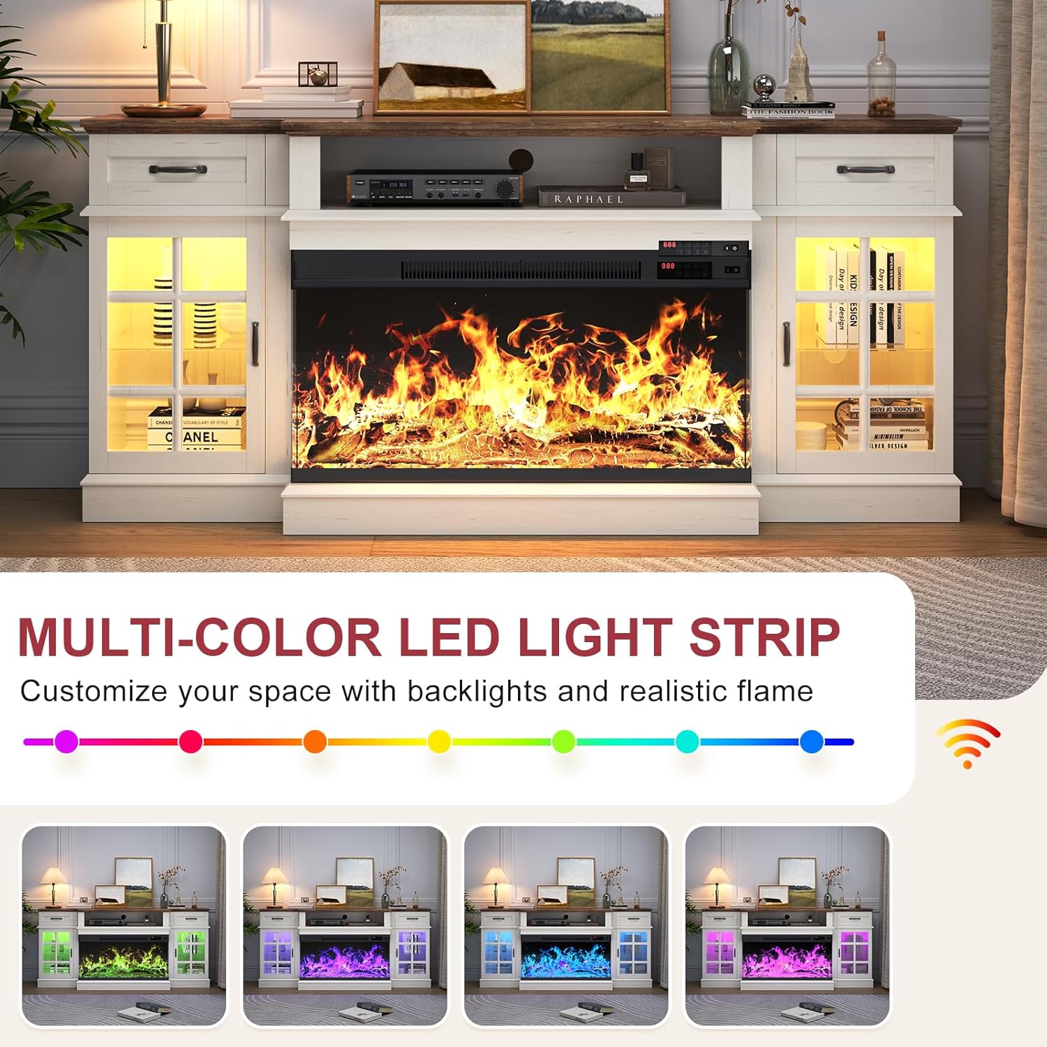 MXV 70" Fireplace TV Stand, 3-Sided Glass Fireplace and Modern Entertainment Center, Wooden Media Console with Glass Doors & Storage Drawers, LED Light, for Living Room, White