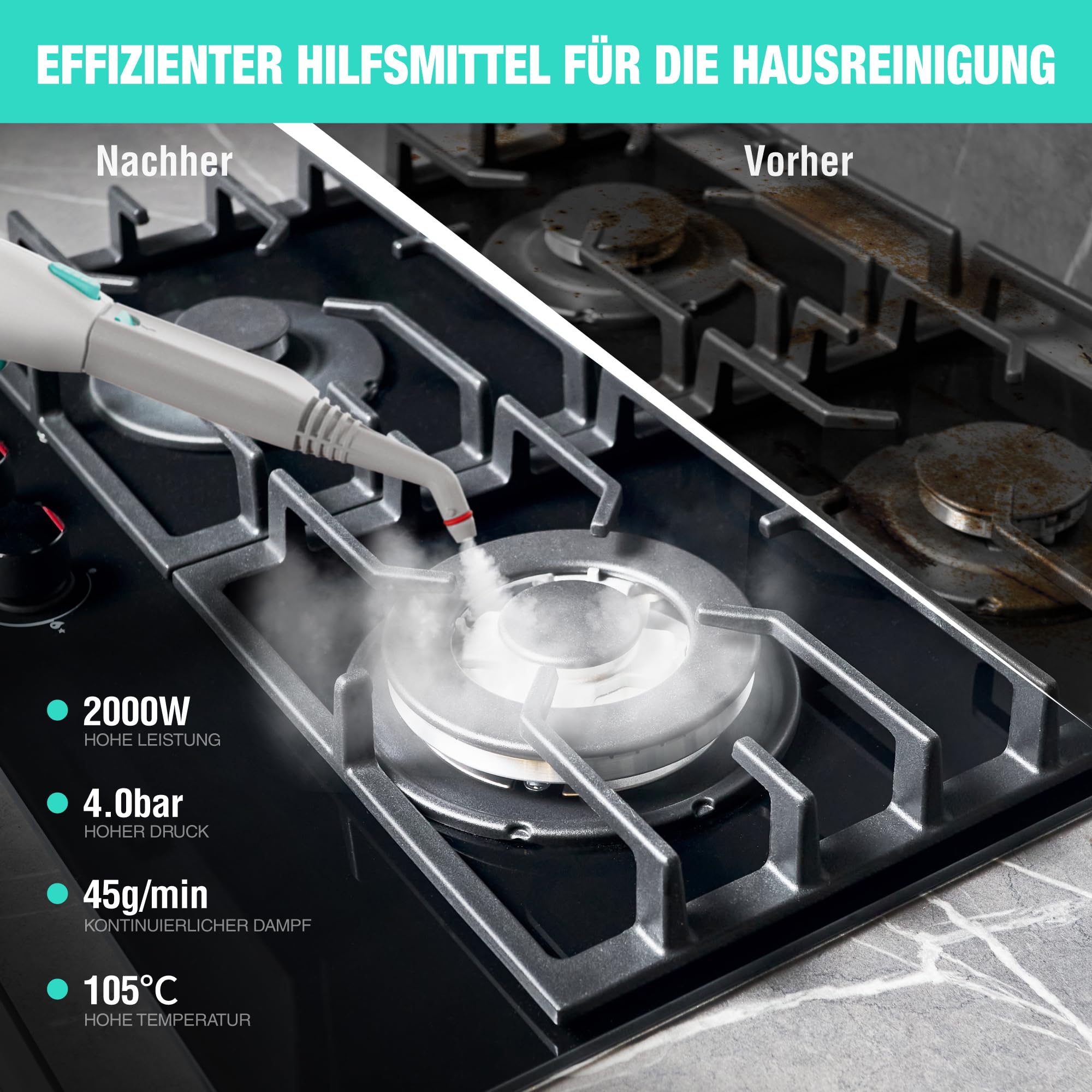 HAUSHOF Dampfreiniger 2000 W, mit 1,5 L Tank, max. 4 ,0 bar Dampfdruck, Aufheizzeit 8 Min, Dampfzeit bis zu 30 Min, inkl. 16 Zubehör & 3 m Netzkabel, für Boden, Teppich, Fenster & Küche, Weiß-Grün