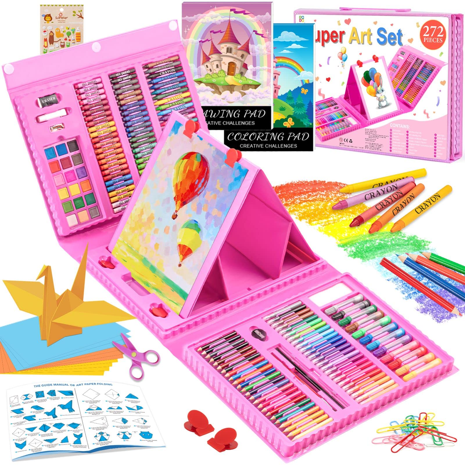 Art Supplies, 240 Pack Art Set Drawing Kit for Girls Boys Teens Artist, Deluxe Beginners Art Case Gift with Trifold Easel, Pastels, Crayons, Pencils，Creative Gift Box, Paint Set(Pink)
