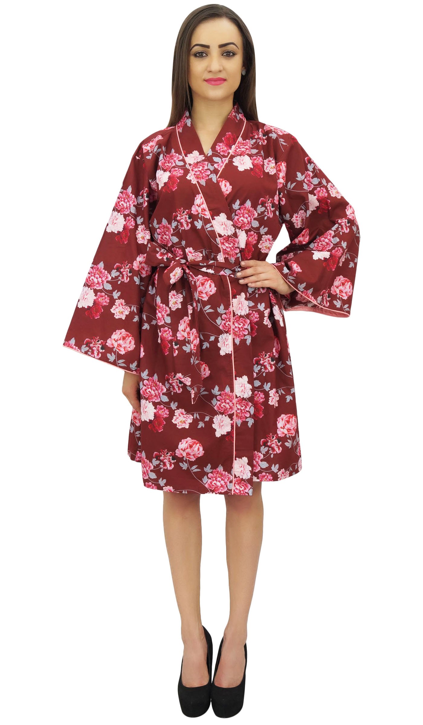 Bimba Maroon Kimono Robe con Cinturon Estampado Floral Ropa De Dormir Coverup - 52