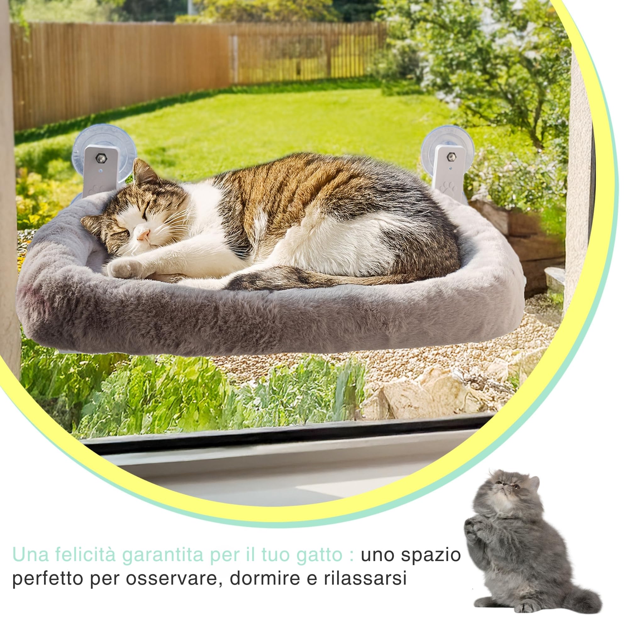 Amaca Gatto Finestra con Cuscino Ultra Morbido Lavabile – Letto Sospeso fino a 18 kg | Cuccia per Gatti da Interno Stabile | Amaca per Gatti da Finestra | Accessori Gatto