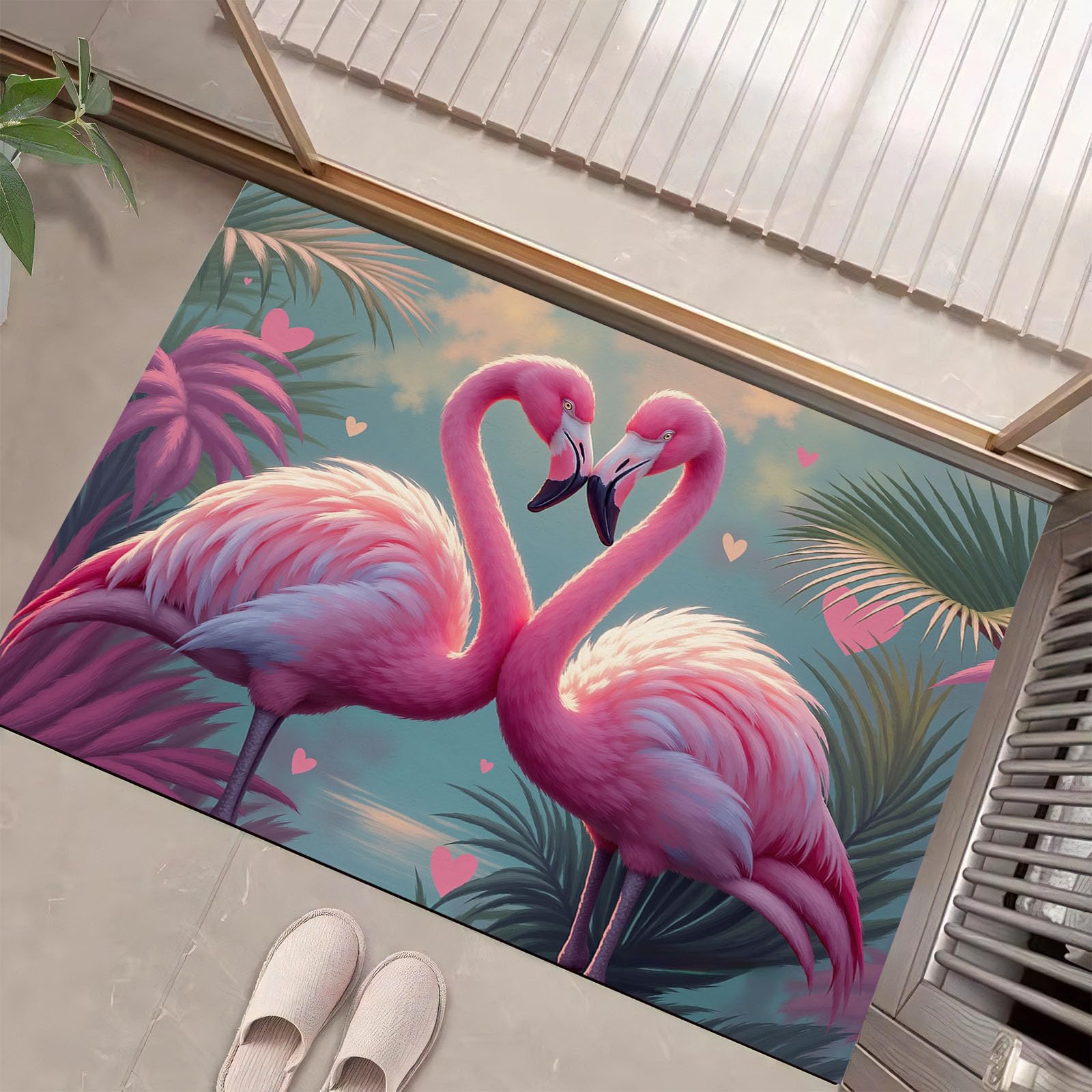 Alfombra de entrada decorativa para exterior protegido y cocina con flamencos de pelo corto