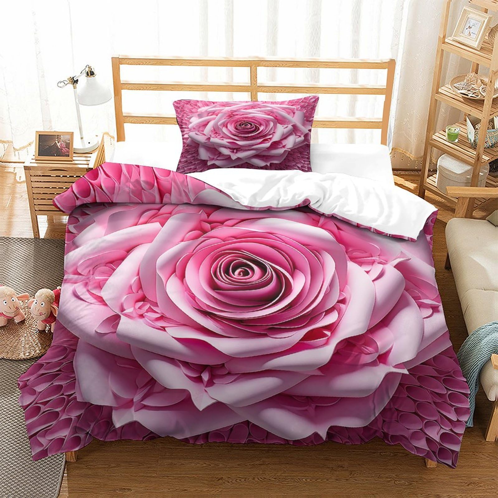 P1S9U7W5Y Romantic Rose 3D Printed Microfiber Duvet Cover Set 3 Pieces Floral Bedding Set for Adults Bedroom Décor Single（135x200cm）