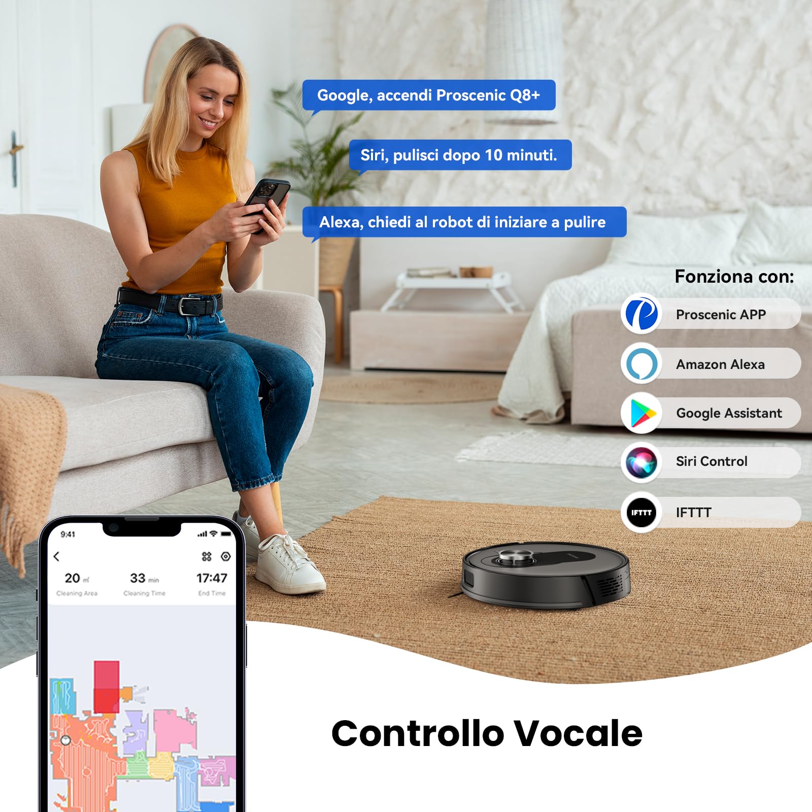 Proscenic Q8 Update Robot Aspirapolvere Lavapavimenti con Mappatura, Robot Pavimenti 6000Pa 200min, LiDAR Intelligente, Controllo APP/Alexa/WiFi/Siri/IFTTT, Ideale per Pulizia Domestica/Peli Animali