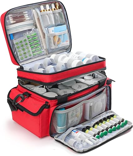 Organizador de medicamentos con divisor ajustable, organizador de botellas de medicamentos de doble capa, bolsa portátil de primeros auxilios de