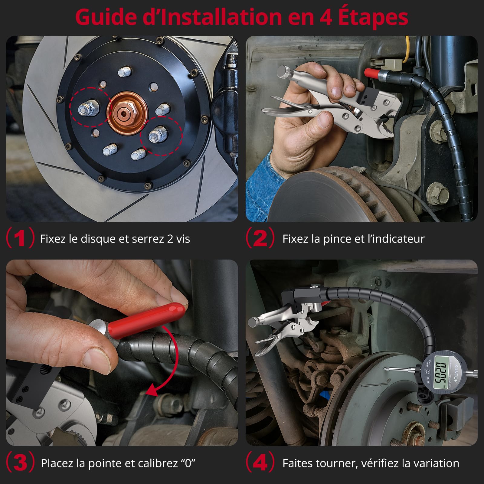 XUNTOP 25.4mm/0.01mm Comparateur Numérique pour Étrier de Frein - Outil de Mesure Automobile Professionnel avec Jauge de Déformation de Disque, Pince de Verrouillage 7'', Support Flexible 360°