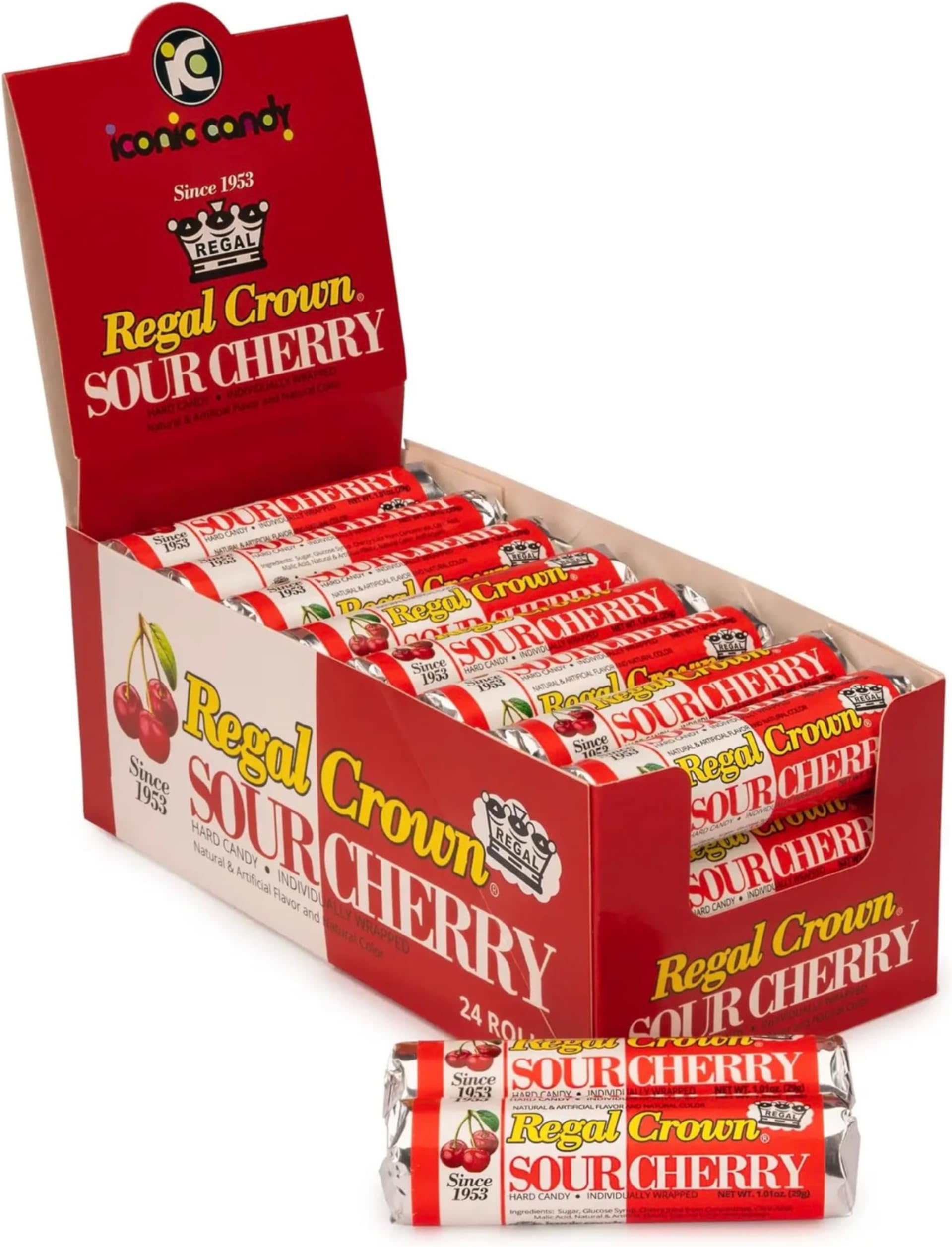 Regal Crown Sour Cherry Candy Rolls | Traditional Sour Cherries Candy | Tart and Tangy Old Fashioned Sour Cherry Hard Candy Brought To You By Iconic Candy | 24 Count