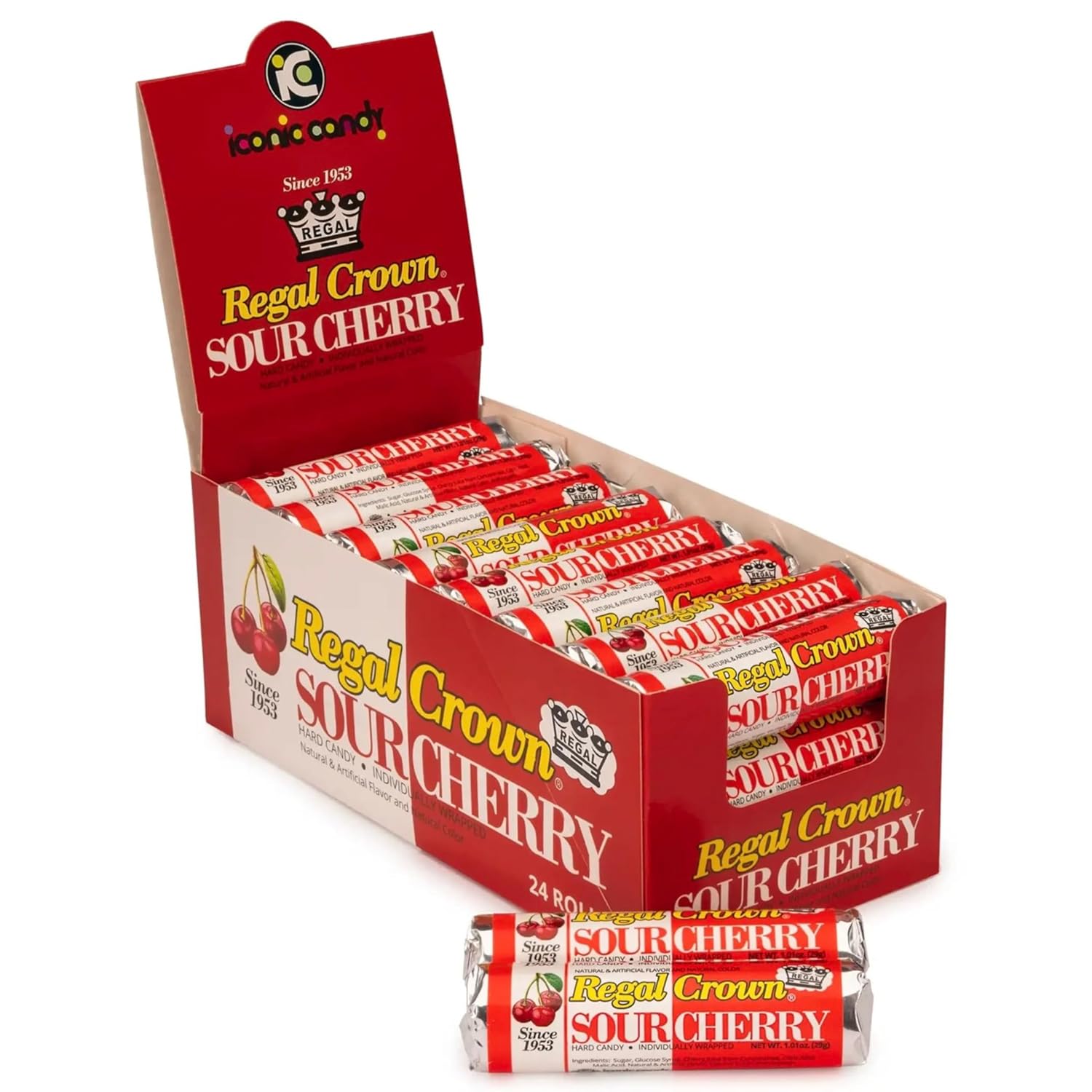 Regal Crown Sour Cherry Candy Rolls | Traditional Sour Cherries Candy | Tart and Tangy Old Fashioned Sour Cherry Hard Candy Brought To You By Iconic Candy | 24 Count