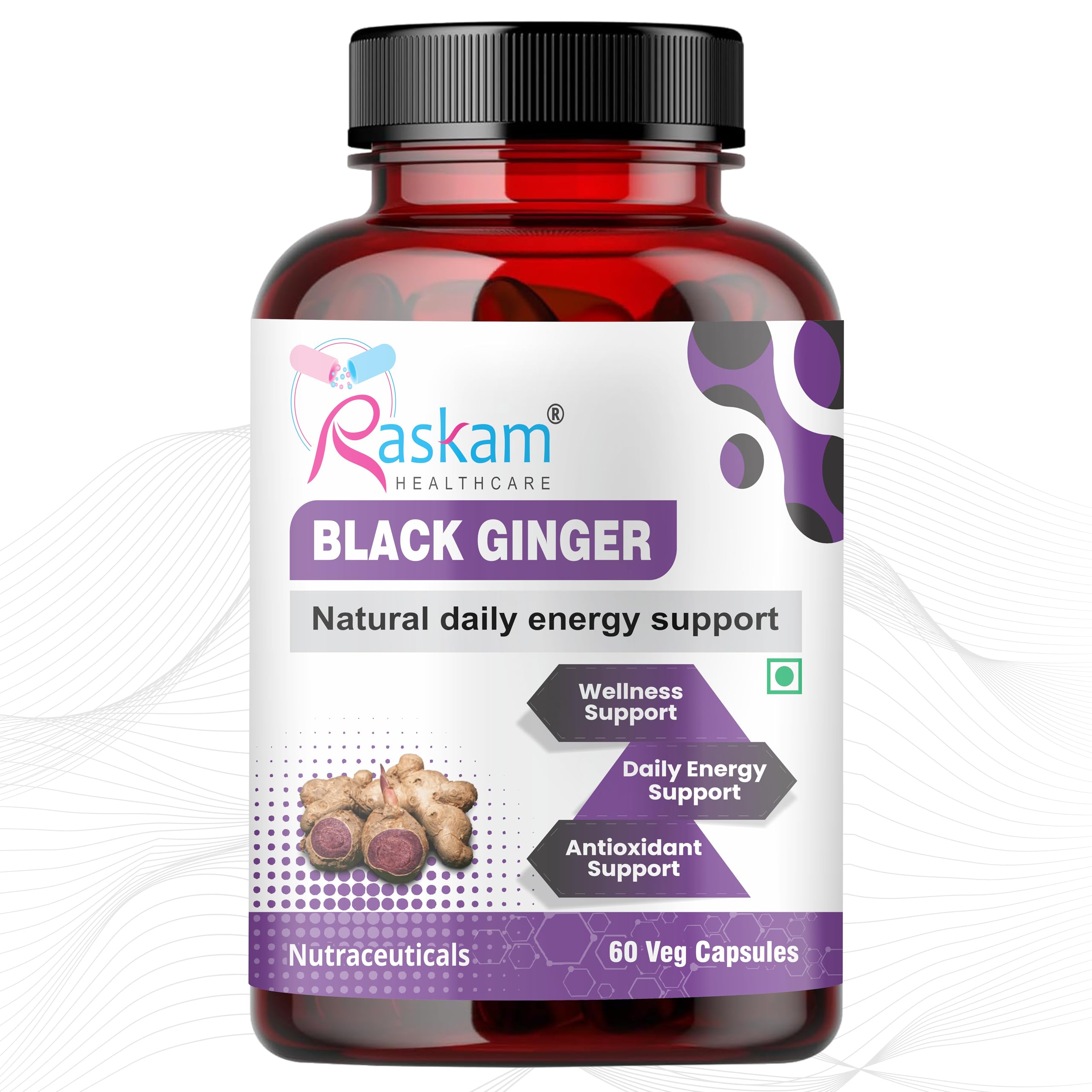 Raskam Black Ginger Capsules, 60 Veg Capsules Each, Improves Circulation, Boosts Energy with Powerful Antioxidants (Pack of 1)