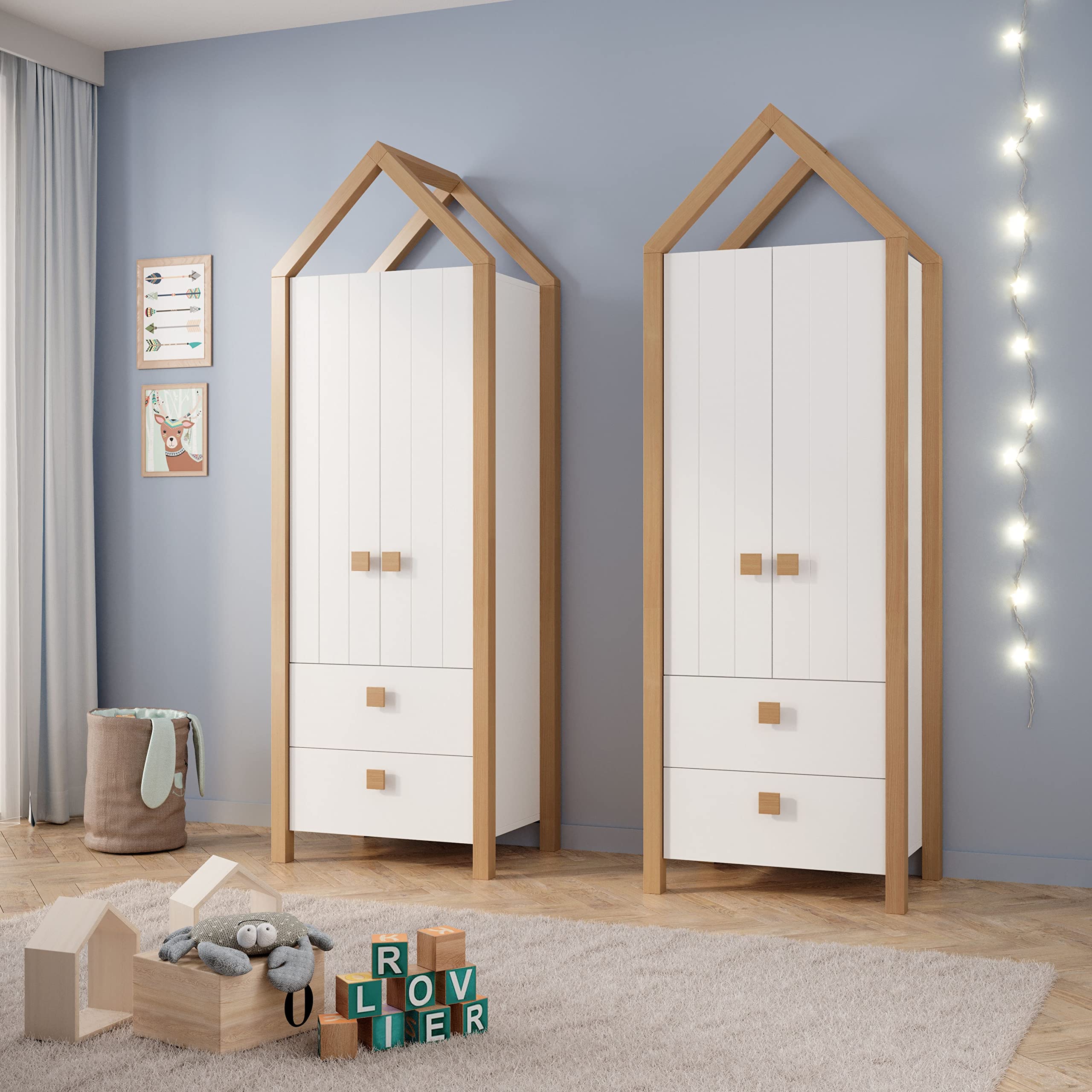BEACH Babyzimmer Kleiderschrank Drehtürenschrank Kiefer Weiß Birke Optik 76 x 226 x 55 cm