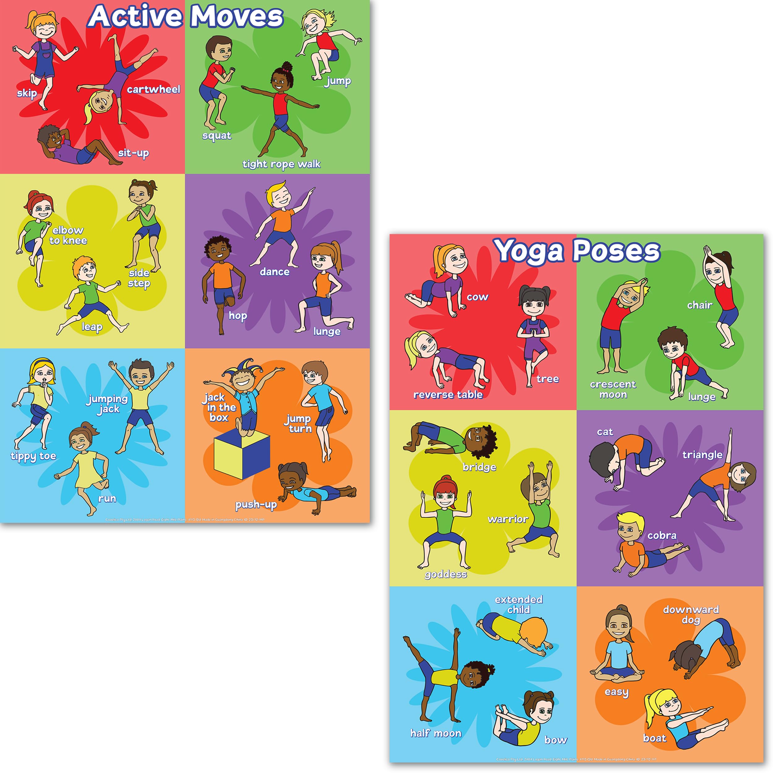 Covelico Yoga Poses & Active Moves Pe Posters For Gym For Elementary, Set Of 2 - Exercise + Yoga Poses Poster, A3 Laminated Physical Education Classroom Decor, Pe Teacher Essentials Physical Education Equipment For Gym Games