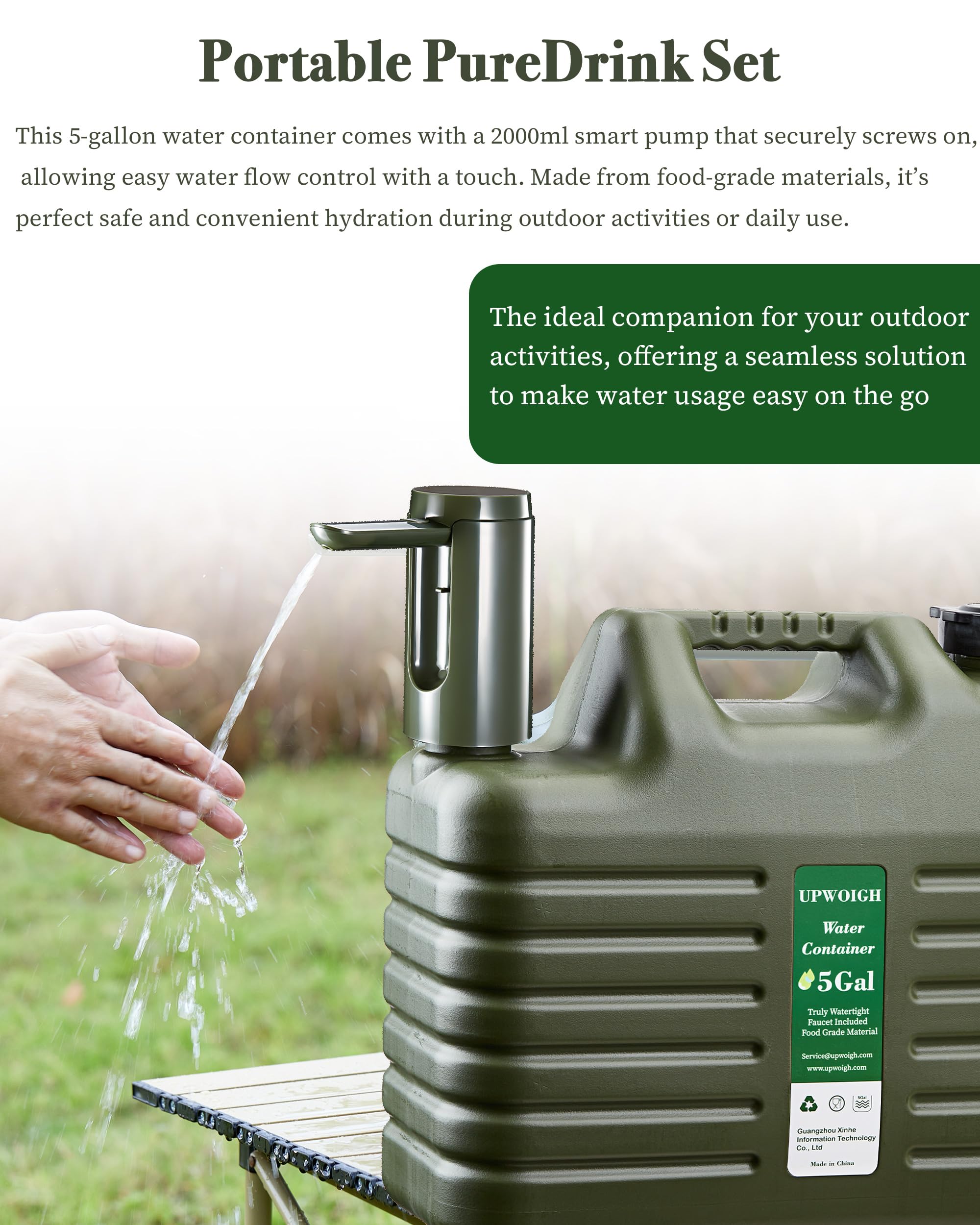 UPWOIGH Tragbarer 19 l Wasserkrug mit automatischer Touch-Steuerungspumpe, wirklich kein Auslaufen, Wasserbehälter mit Zapfhahn, Typ-C wiederaufladbar, militärischer grüner Wasserspender für Outdoor