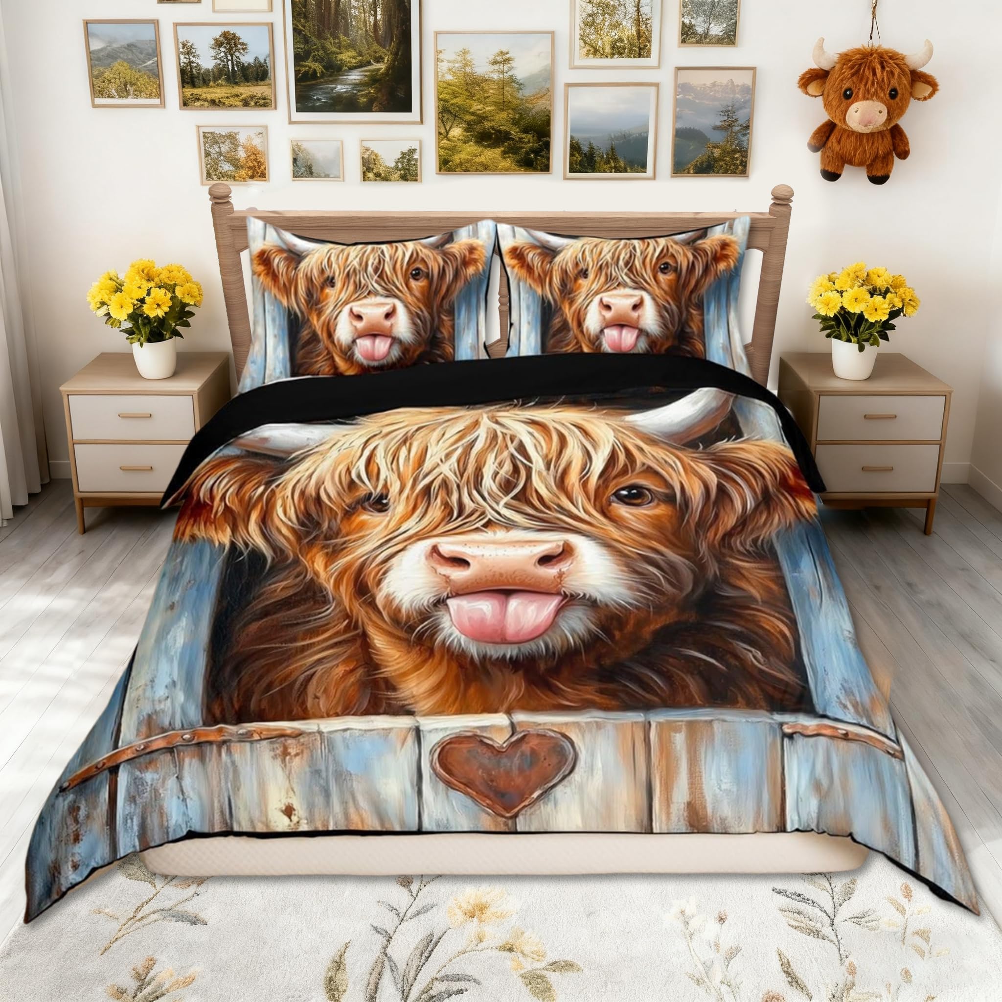 Homemissing Highland Cow Duvet Cover Set King Size For Kids Boys Girls Teens Highland Cattle Bedding Set Farmhouse Animal Comforter Cover with 2 Pillowcases โ image 1