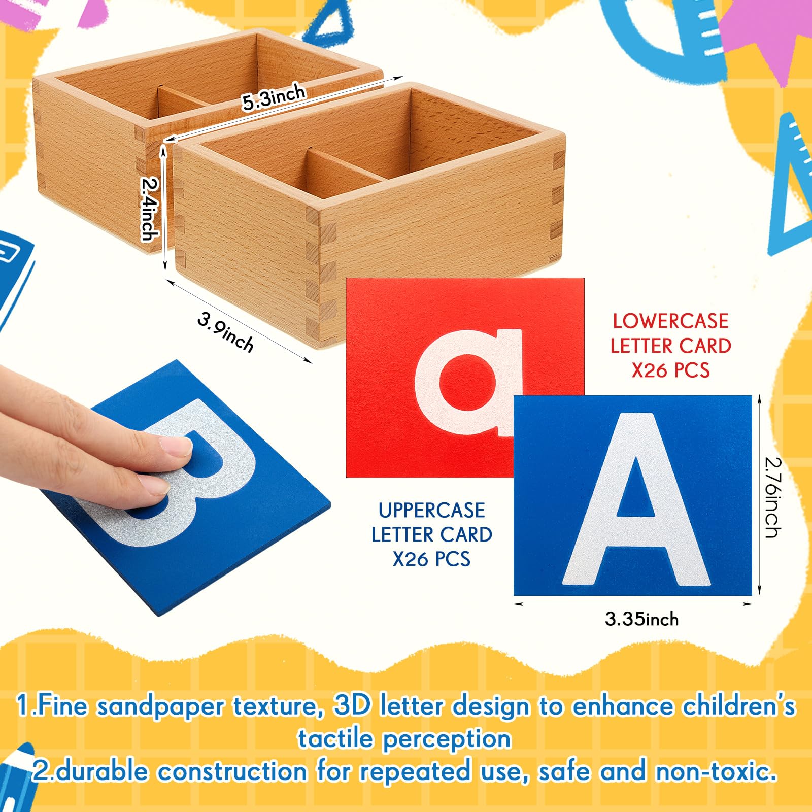 Henoyso 2 juegos de letras de papel de lija con cajas inferiores y mayúsculas, papel de lija sensorial, letras táctiles del alfabeto para aprender educación, regalo de Pascua (carta, brillante)
