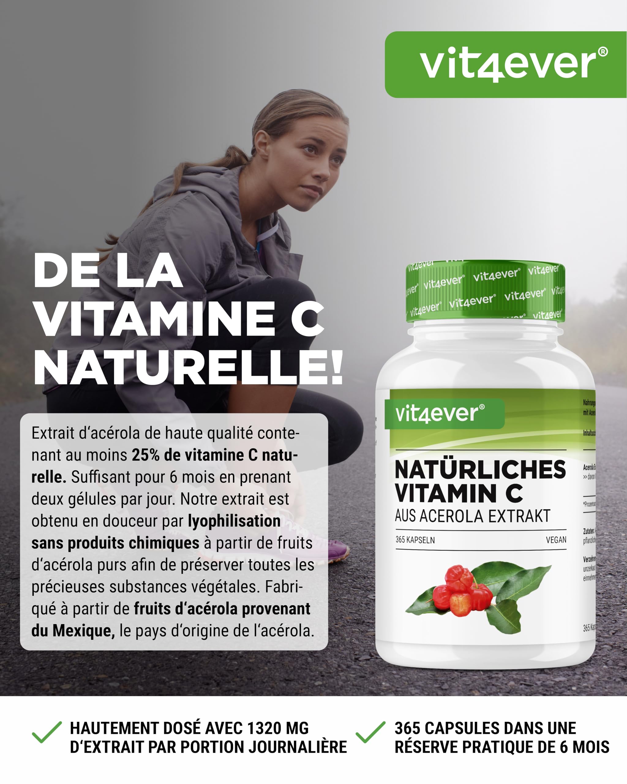 vit4ever Vitamine C Naturelle Issue d’Extrait d’Acérola – 365 Gélules – Forte Dose – Matière Première Premium – Sans Additifs Indésirables – Végan