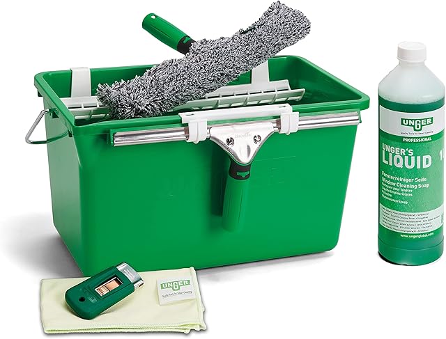 UNGER Window Cleaning Kit PRO Set - Power Washer Sleeve, ErgoTec Squeegee, Bucket 18L, Liquid Glass Cleaner 1L, Safety Glass Scraper, Microfibre Cloth - Professional Window Cleaner Equipment
