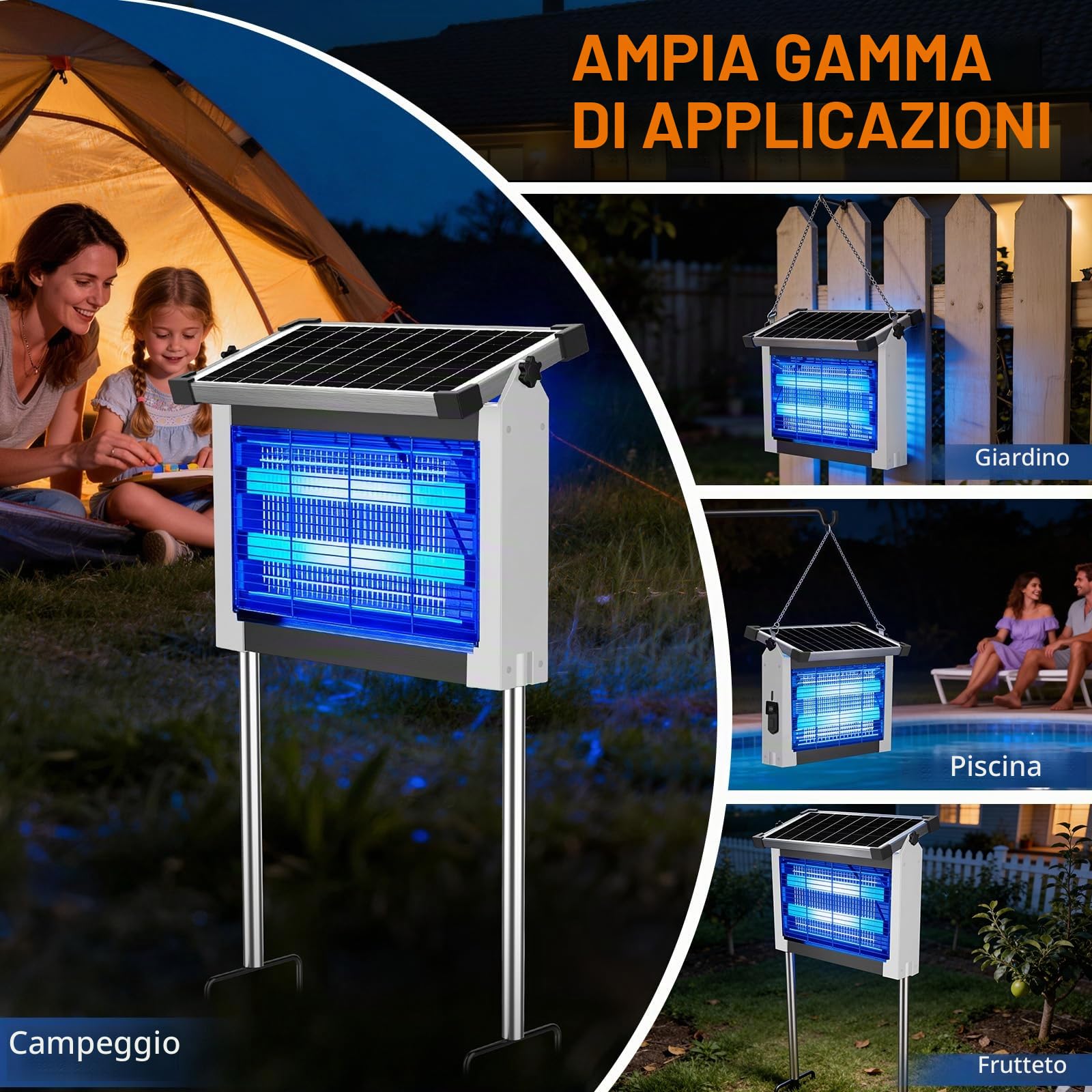 Zapper Zapper per insetti solare per esterni, impermeabile, 4500 V, ricaricabile, con sensore a pannello solare, accensione e spegnimento automatico, cavo di prolunga da 3 m e zapper insetti a energia