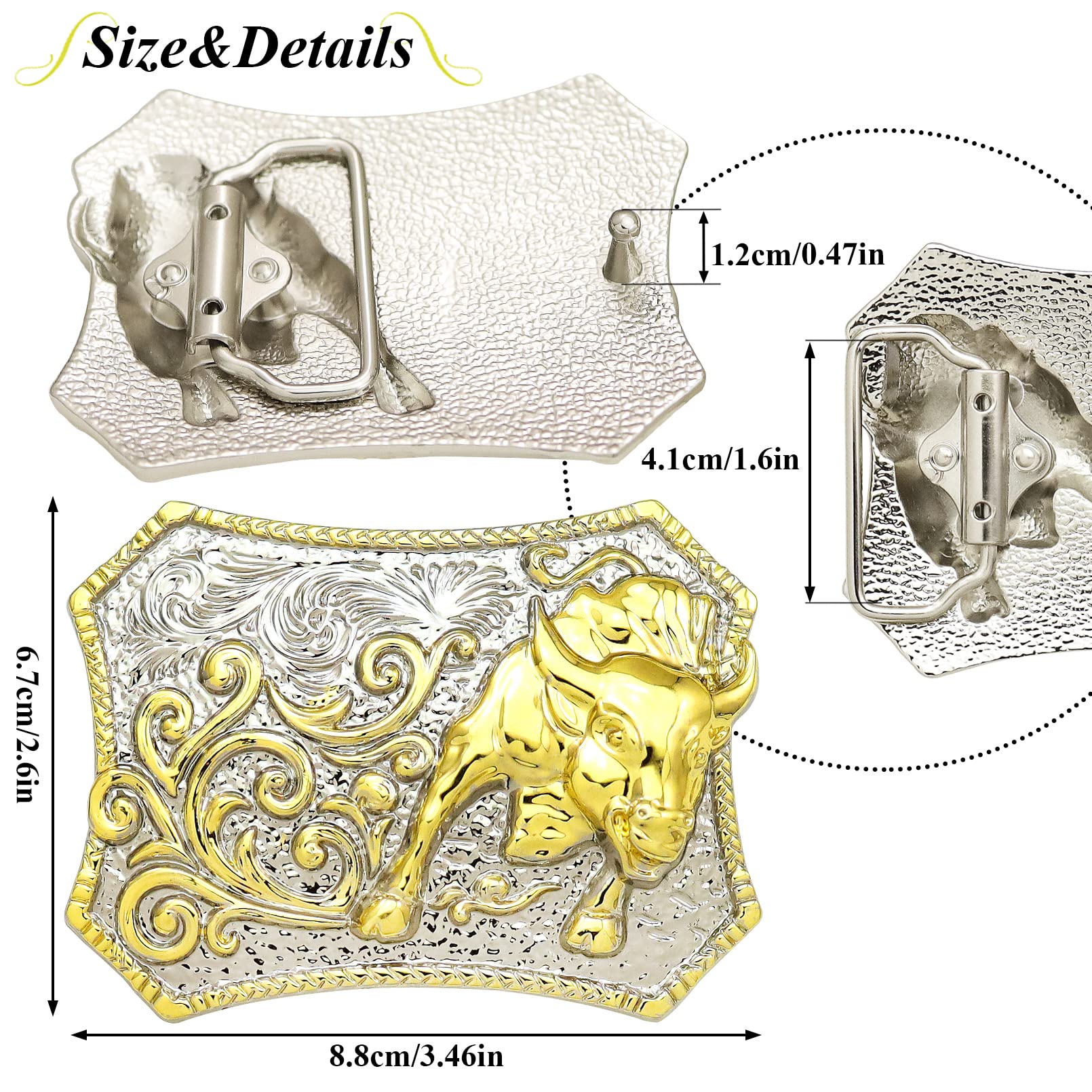 RechicGu Western Belt Buckle 3D Engraved Long Horn Bull Cowboy Texas Rodeo Belt Bukles for Men Women Polish Gold