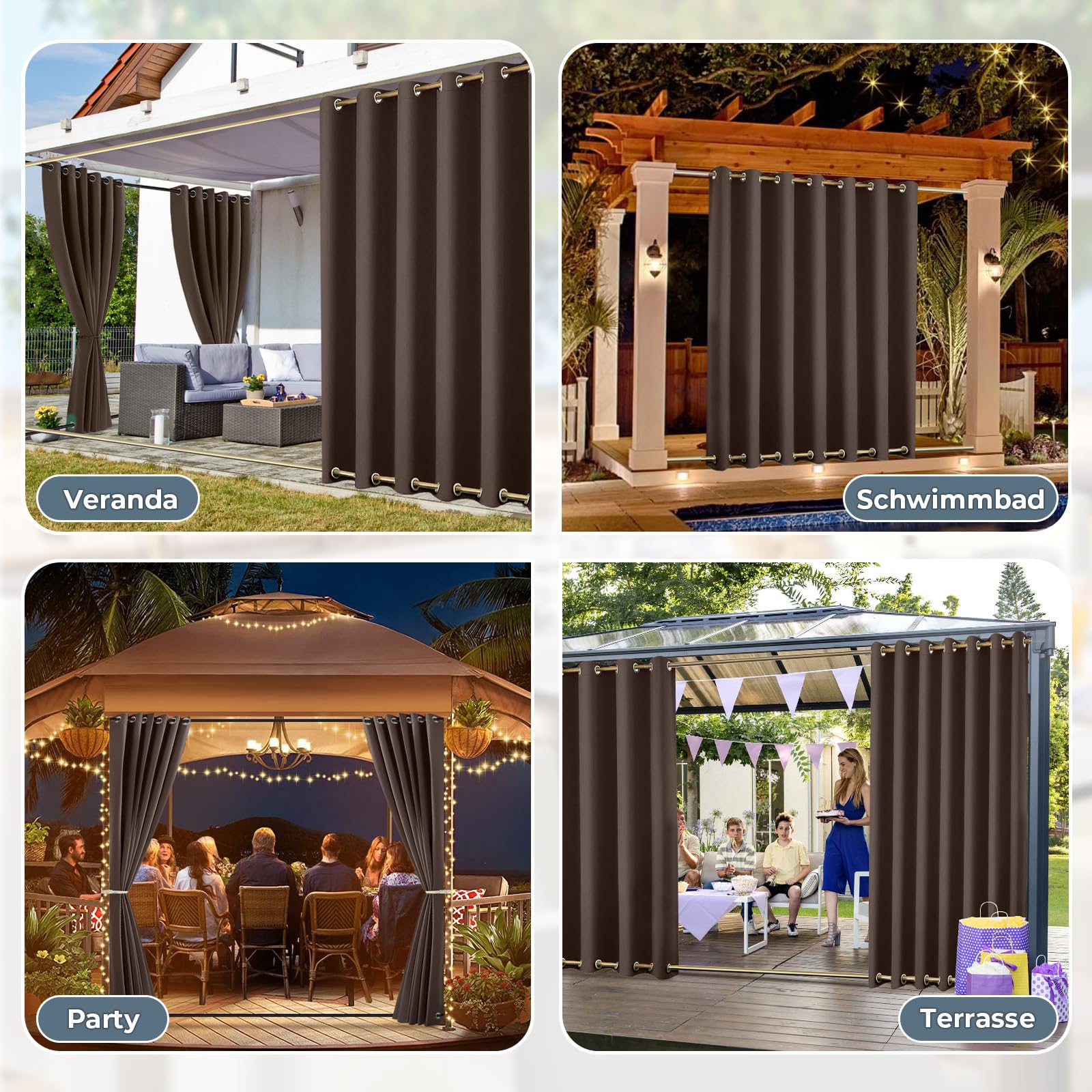 Outdoor Vorhang Wetterfest B254xH213CM, Wasserdicht Outdoorvorhänge mit Ösen, Aussen Gardinen Winddicht Sonnenschutz Sichtschutz für Garten Terrasse Balkon Pergola Pavillon (Schokoladenbraun)