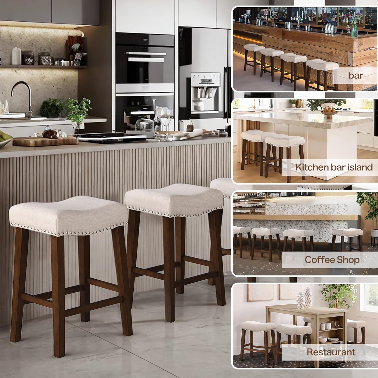 24" Counter Height Bar Stools - Modern Backless Kitchen Island Saddle Barstools Chairs with Footrest, Solid Wood Legs & Nailhead Trim Linen Fabric Cushion, Beige, Set of 4