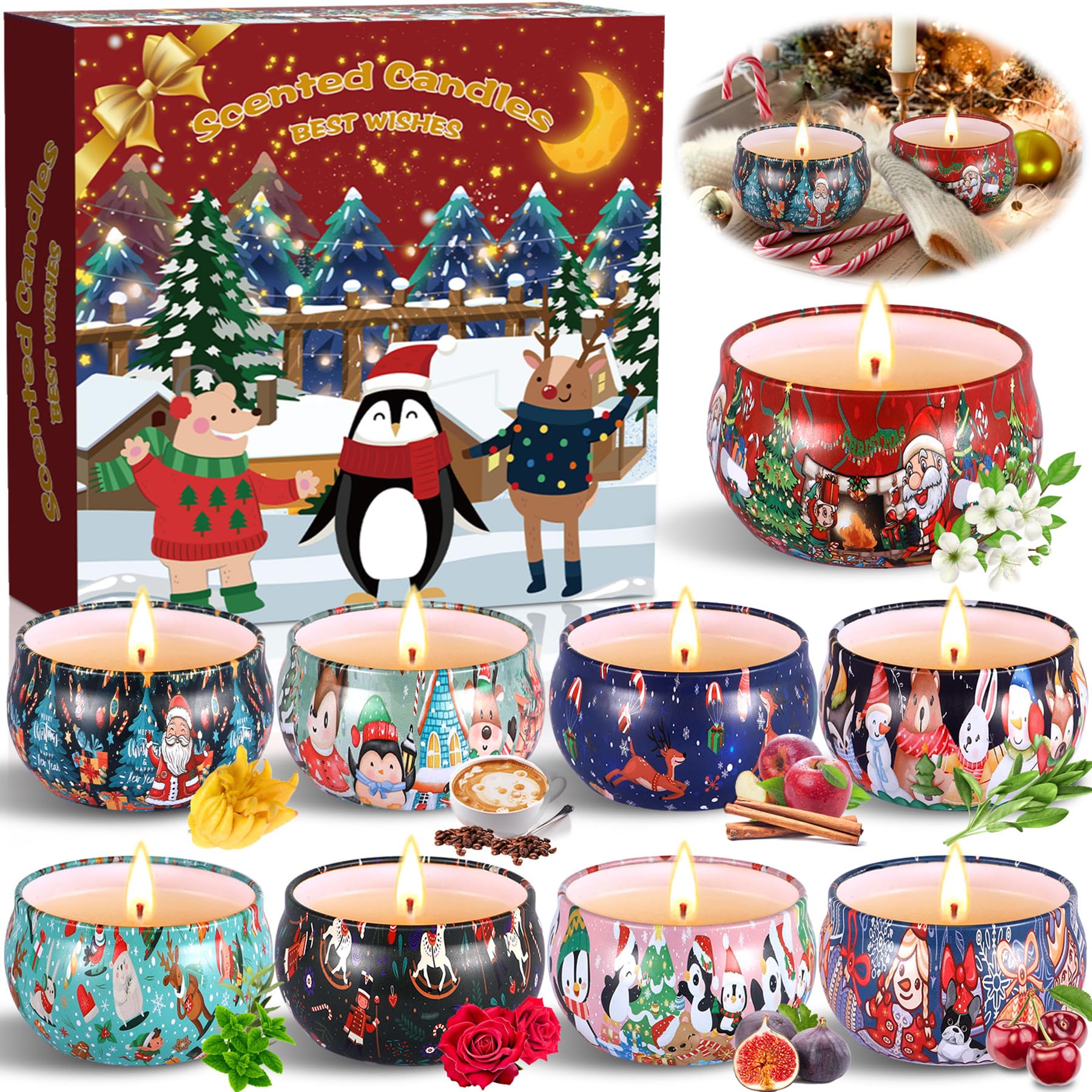 ZPQAODI Juego De Regalo De Velas Perfumadas Navideñas, 9 Piezas Vela Aromática Regalo de Velas de Soja de Aromaterapia Cera de Soja Natural Vela para Boda Navidad Cumpleaños Día de San Valentín