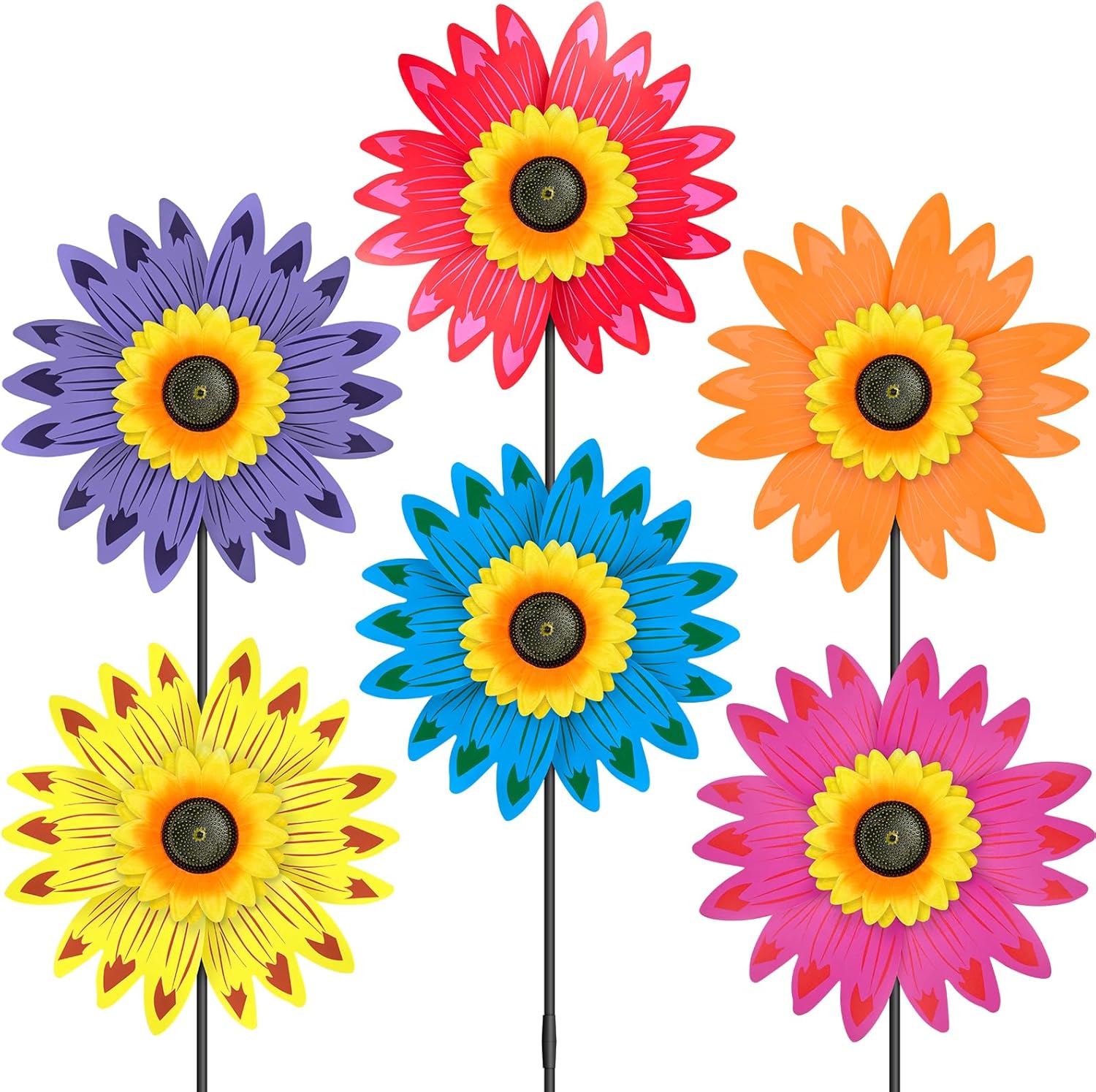 (broken)6PCS Sunflower Wind Spinners with Stakes 14" W x 29" H Wind Spinners Lawn Pinwheel Sunflower Windmill Outdoor Multicolor Pinwheels for Yard Decoration