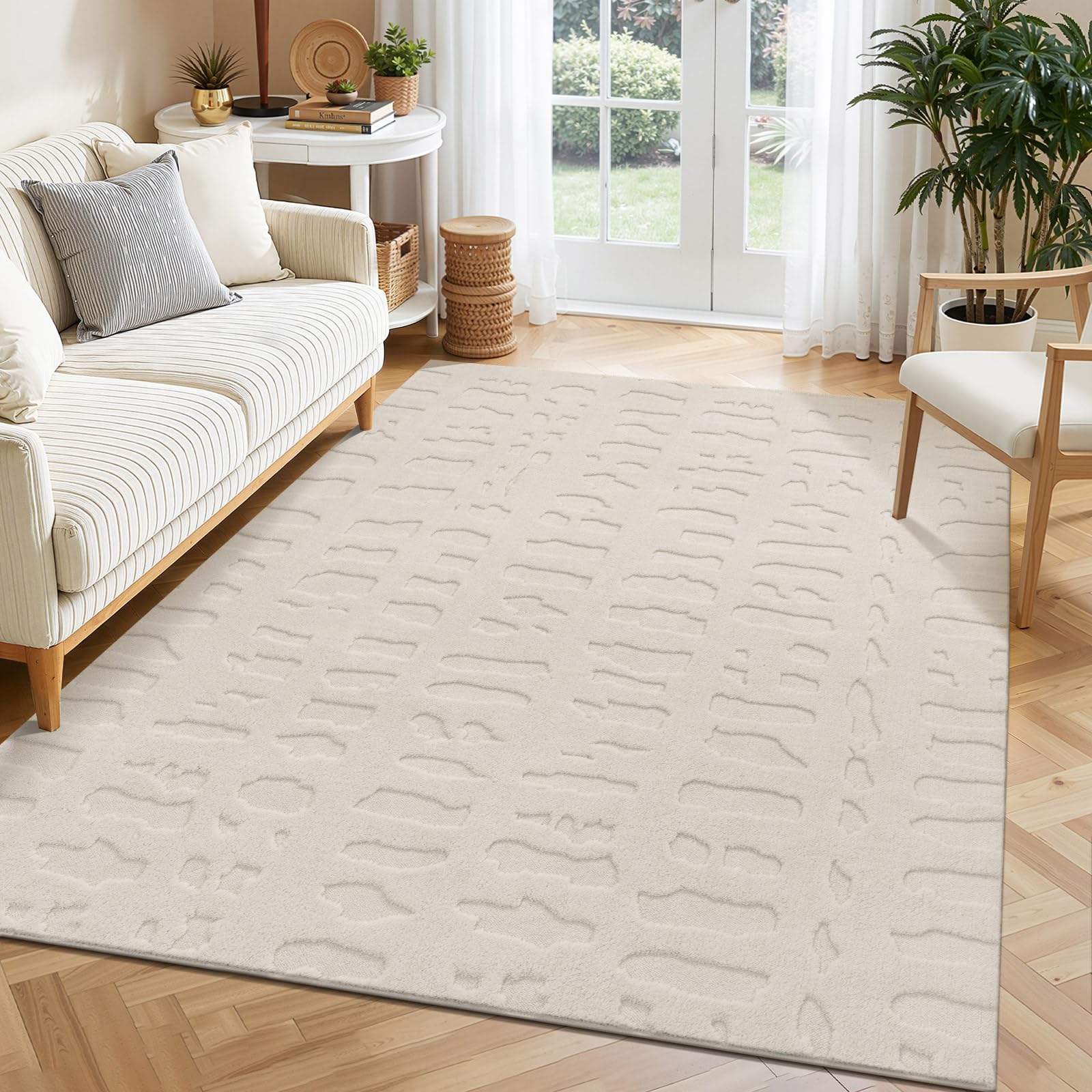 SHACOS Beige Rug for Living Room 160 x 230 cm Large, Soft Short Pile Rug Machine Washable Modern Area Rug, Non-Slip Carpet Cream Rugs for Bedroom, Dining Room, Kids Room, Geometric Pattern 3D Pebble