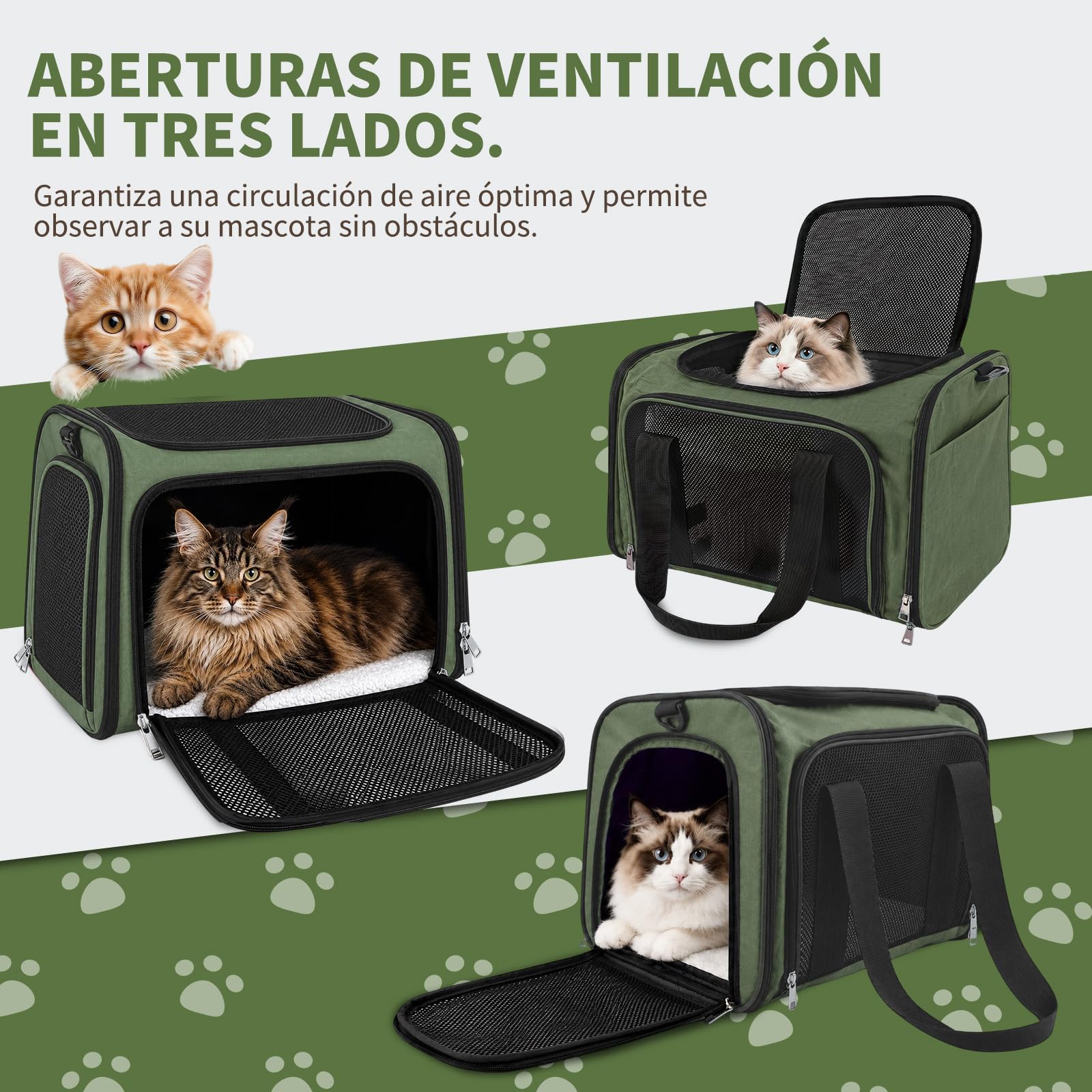Transportin para Gatos, Transportin para Perros Bolsa, Bolsa Transpirable para Mascotas, Correa Ajustable, Colchon Suave, Soporta 8 kg, para Gatos y Cachorros (Verde, L 43 x A 28 x H 28 cm)