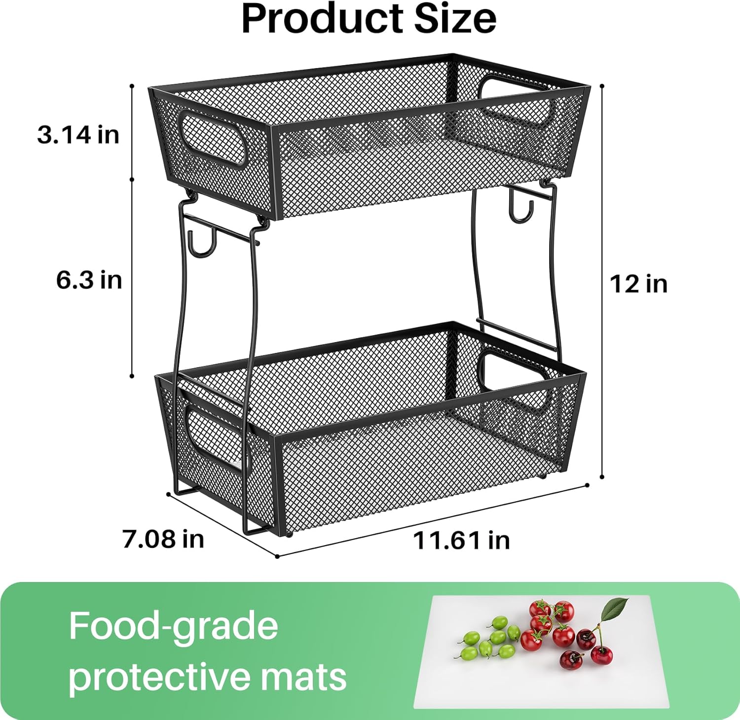 2 Tier Fruit Basket Bowl for Kitchen Counter with 2 Banana Hangers, Countertop Metal Mesh Basket Stand Fruit Holder for Veggies Onion Potato Bread Snack, Black - Image 2
