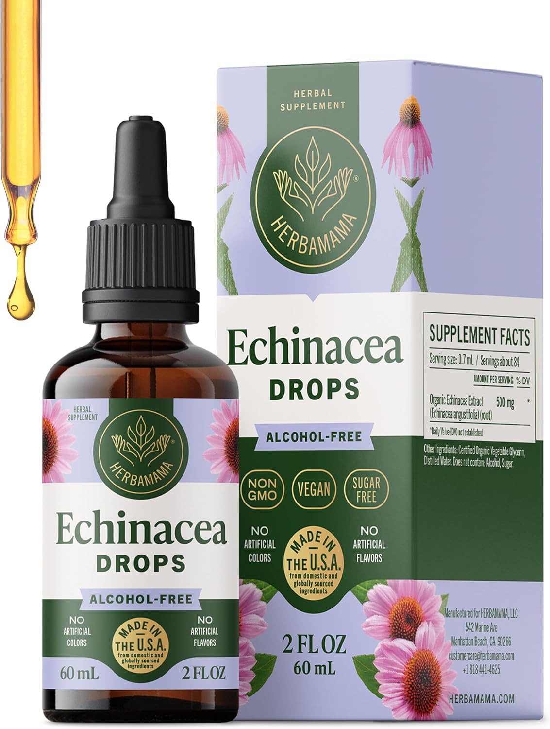 HERBAMAMA Echinacea Drops - Vegan Immune Support with Echinacea Angustifolia Root Extract Tincture - Non-GMO, Alcohol & Sugar-Free Liquid Supplement, 28-Day Supply