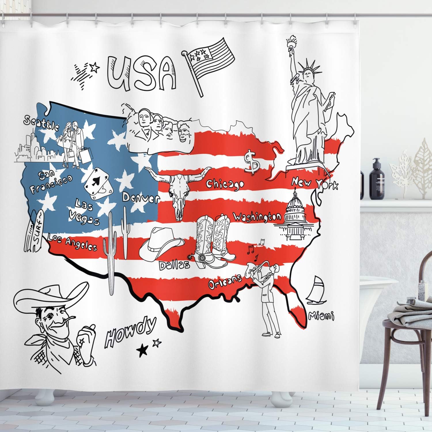 Ambesonne American Shower Curtain, USA Flag Hand Drawn All States Cultural Heritage Howdy Texas Cowboy Themed, Cloth Fabric Bathroom Decor Set with Hooks, 69" W x 75" L, White Blue Red