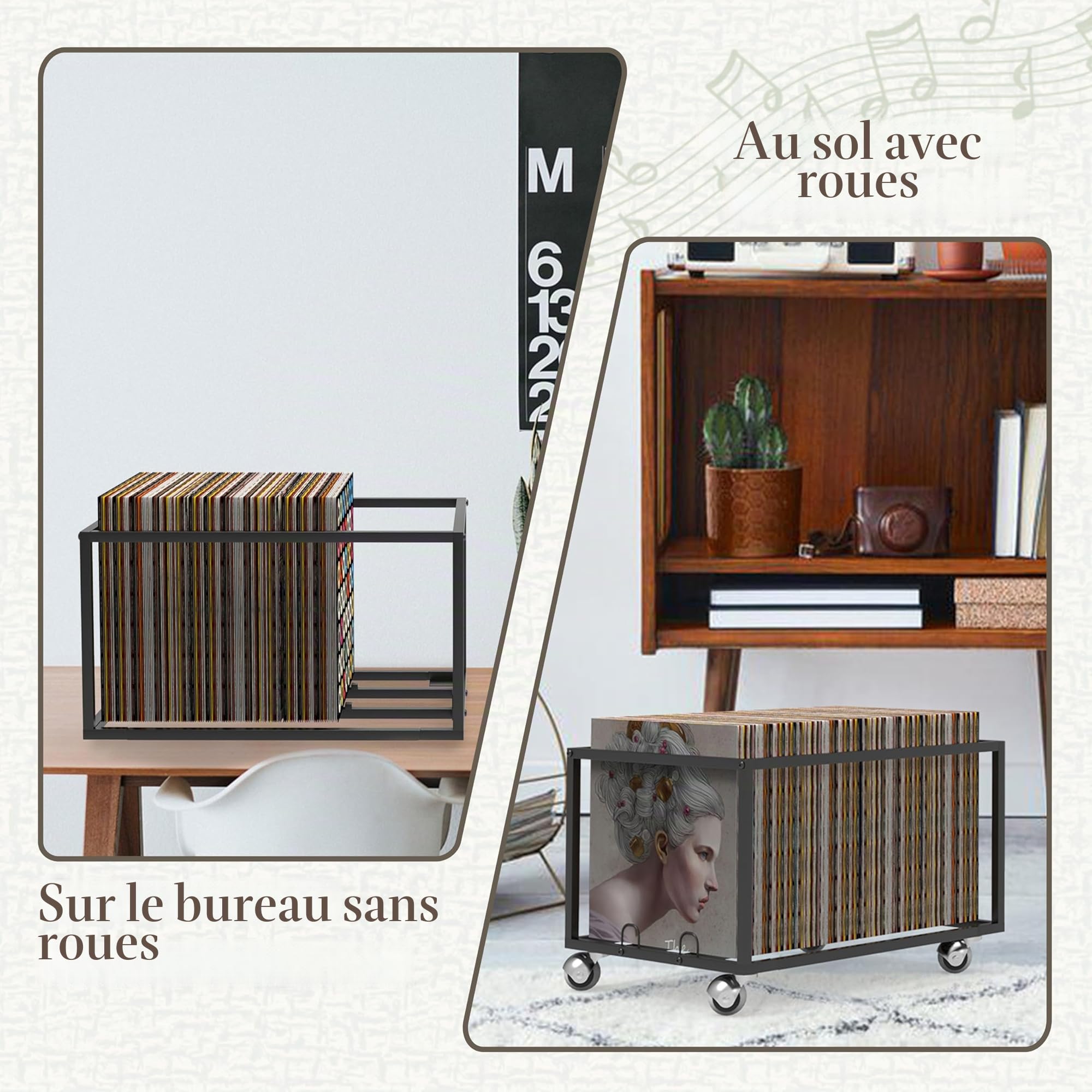 Étagère à disques vinyles sur roulettes – Structure métallique robuste – Peut contenir jusqu'à 100 albums – Organisateur élégant pour votre collection de vinyles