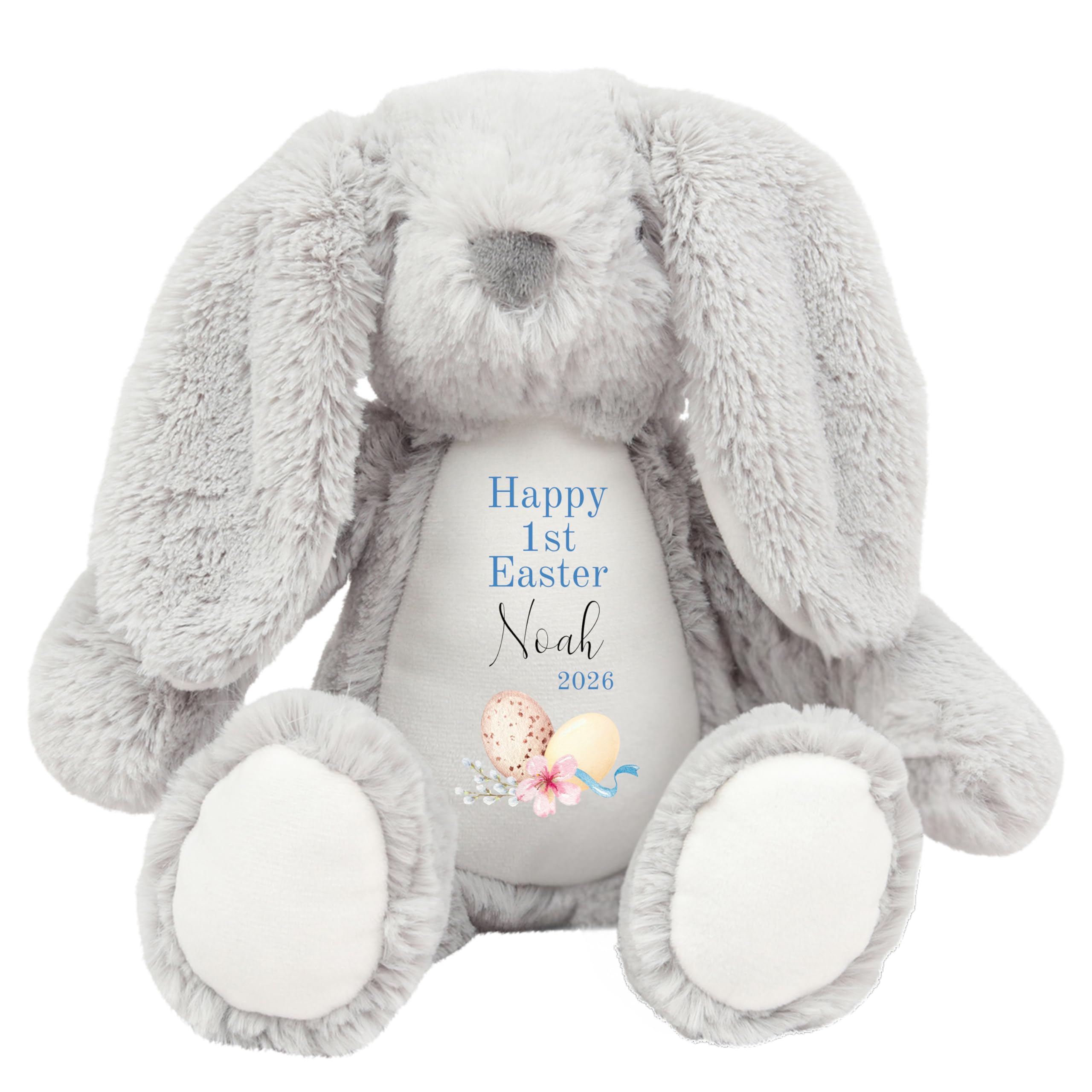HotScamp Personalised Easter Bunny with Name - Happy 1st Easter Egg 2026 Blue - Soft Toy for Baby, Toddler, Child, Kids, Babies Spring Time - Blue Letter Grey Bunny