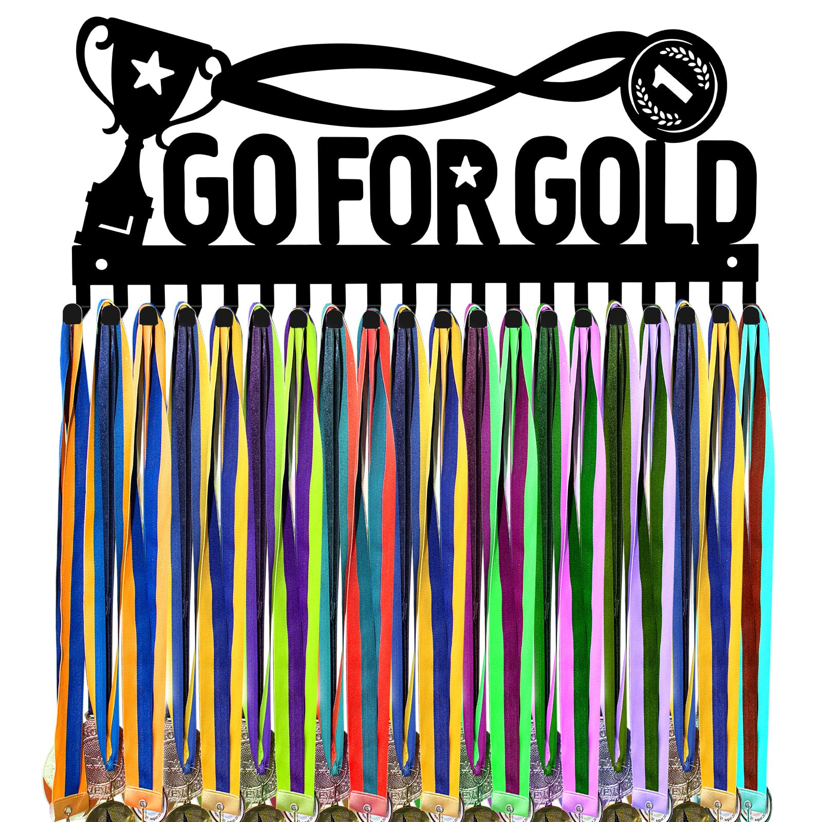 Medal Display Hanger with 20 Hooks Go for Gold Metal Awards Rack Wall Mounted Medal Hanger Hanging Medal Rack Display Medal Display Medal Holder Display for Basketball Running Sports Race
