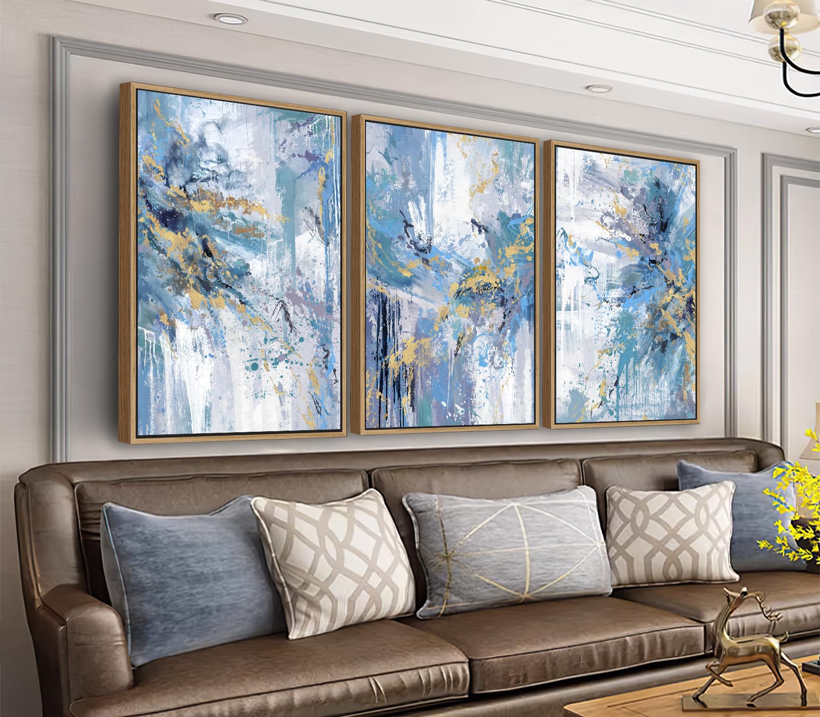 arteWOODS Abstract Framed Wall Art - Blue Gold Splashes Canvas Pictures Wall Decor Modern Dynamic Painting Artwork Prints for Living Room Bedroom Home