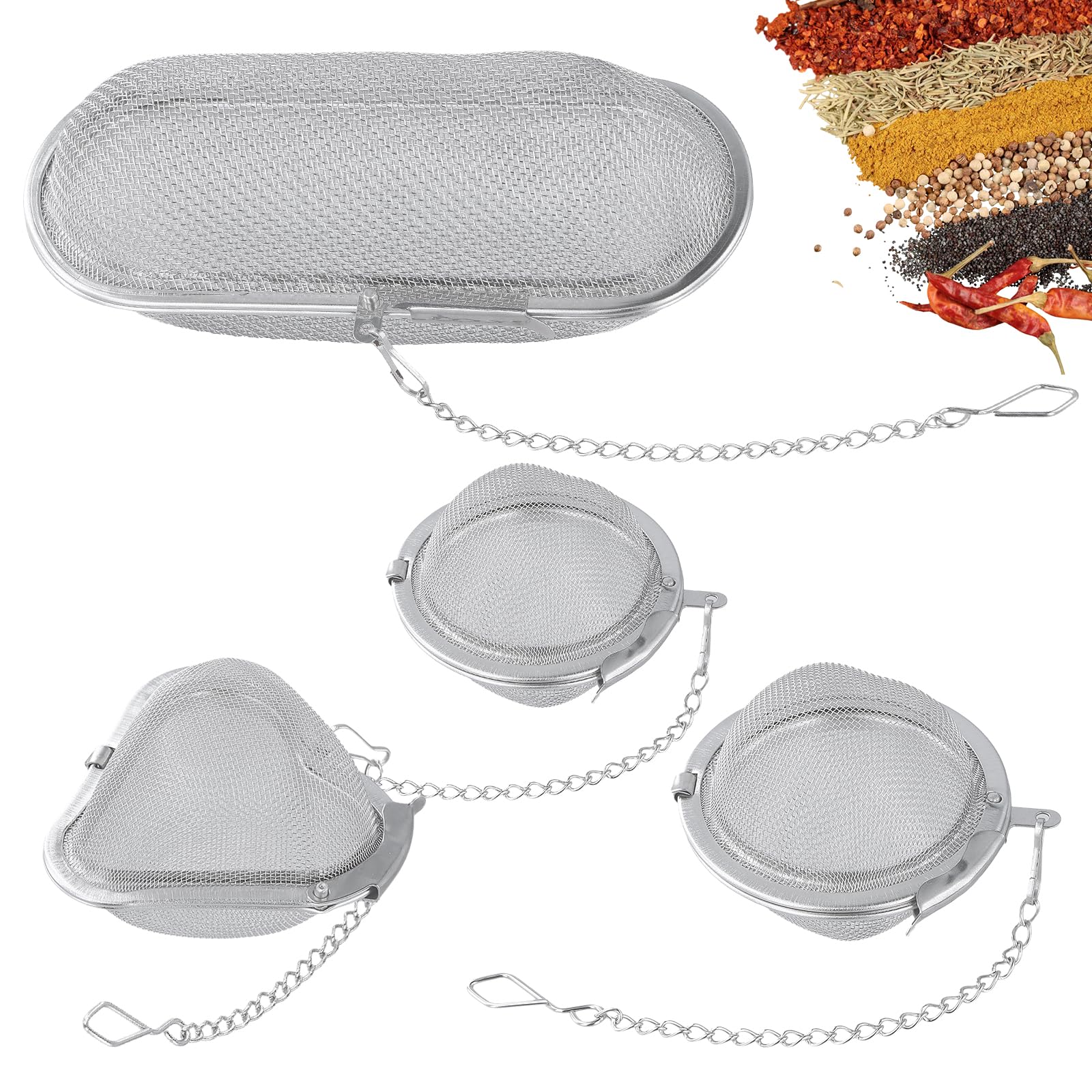 Lot de 4 Boules à Thé et Passoires à Épices en Acier Inoxydable – Infuseur Réutilisable pour Thé en Feuilles, Herbes et Épices avec Chaîne Pratique