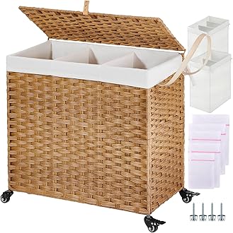 Greenstell Laundry Hamper with Wheels&Lid, 140L Large 3 Sections Clothes Hamper with 2 Types Removable Liner Bags, 5 Mesh Laundry Bags, Handwoven Divided Laundry Basket for Clothes, Natural