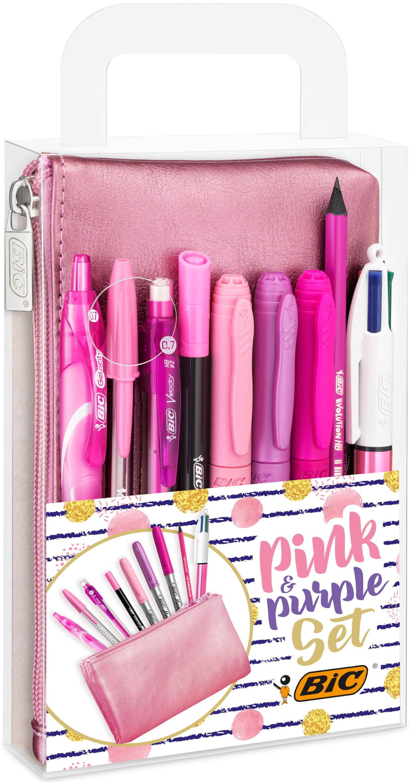 BIC Juego de 1 estuche con 2 bolígrafos, 1 lápiz de grafito con borrador, 1 bolígrafo de gel borrable, 3 marcadores permanentes, 1 bolígrafo de fieltro de escritura, 1 lápiz mecánico