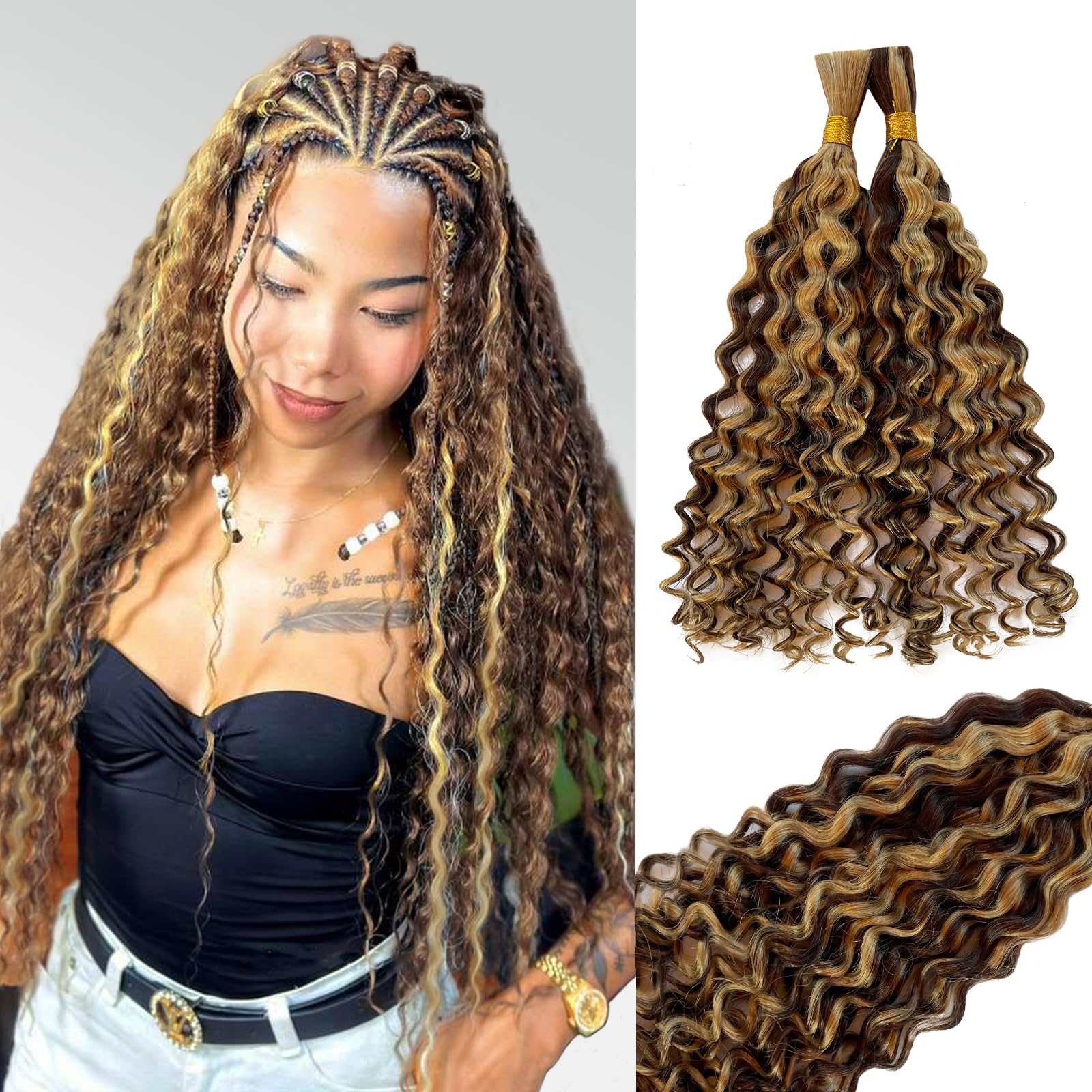 Human Braiding Hair for Boho Braids 20 Inch 2 Bundles 100g 4/27 Ombre Boho Hair for Braiding Water Wave Bulk Human Boho Hair for Braiding Honey Blonde