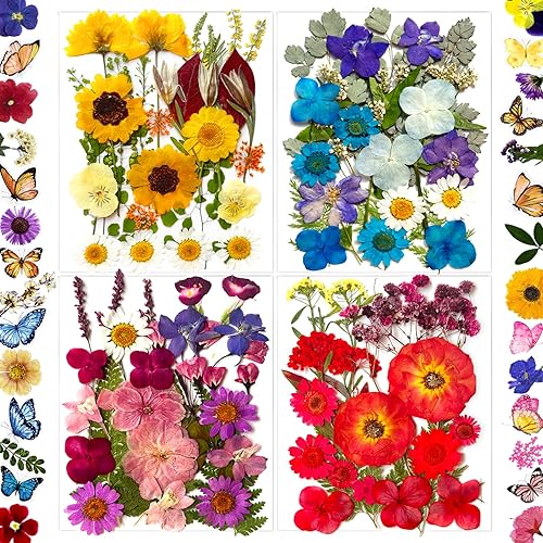 146 piezas de flores prensadas moradas para moldes de resina, surtido de flores secas naturales reales, hojas, calcomanías de mariposa para