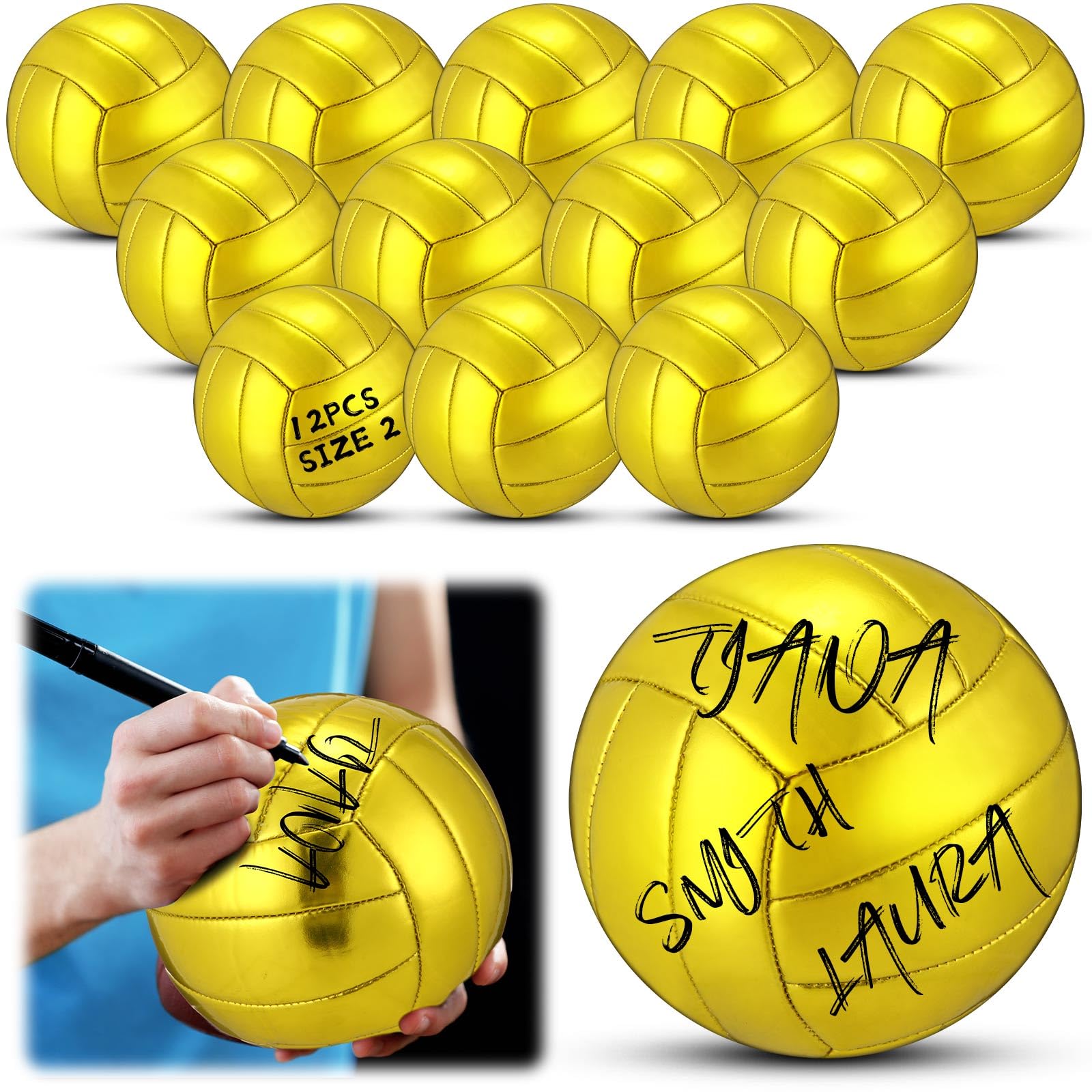 Photo 1 of WinnerWhy 12 Pcs Gold Autograph Volleyball Official Mini Trophy Volleyball Golden Custom with Air Pump for Trophies Anniversary College Coaching Senior Nights Gift Awards Party (Size 2)