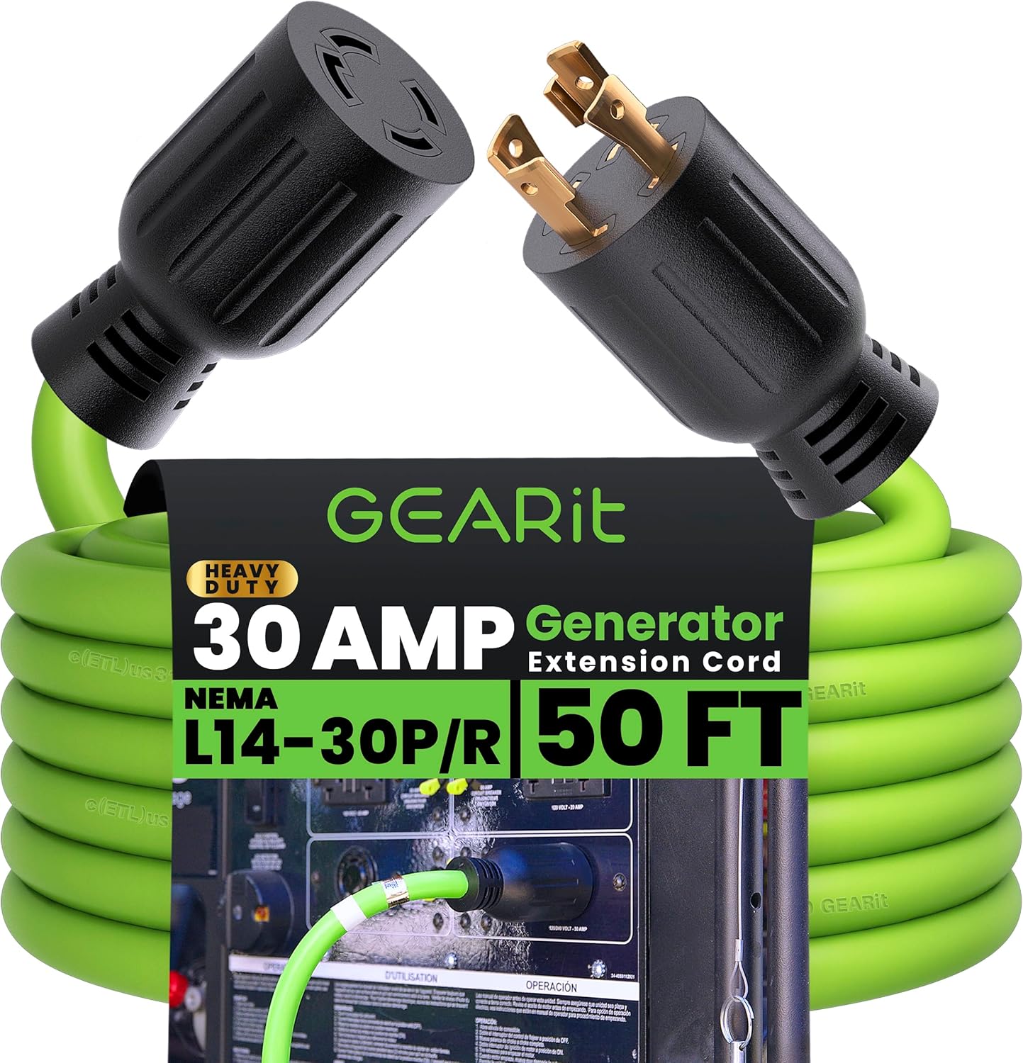 GEARit 30-Amp Generator Extension Cord, 120/250-Volt, 4-Prong, 7500W, NEMA L14-30P/L L14-30R, 10 Gauge SJTW Locking Power Cord for Manual Transfer Switch Portable Generator, Power Outage, 50 Ft, Green