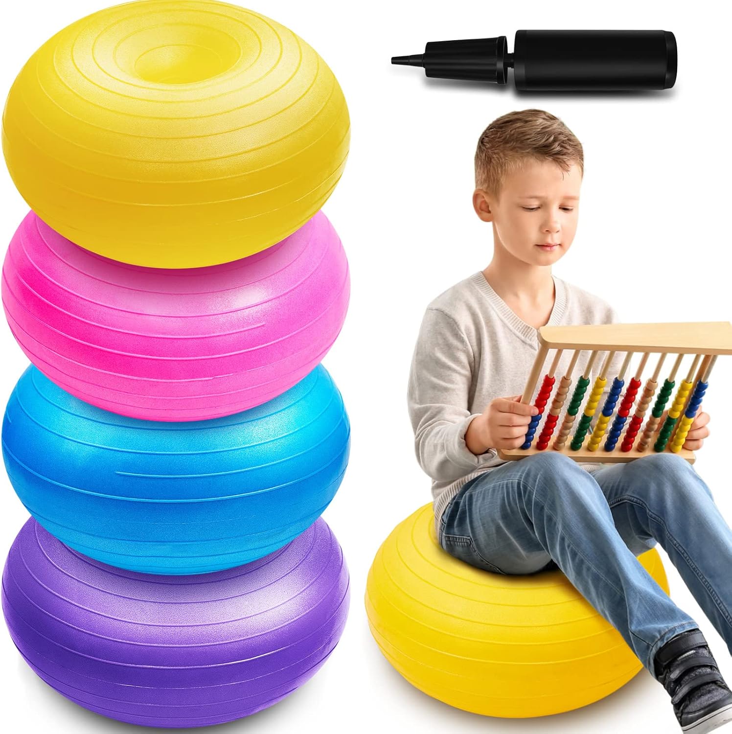 Lewtemi 4 Pcs Flexible Seating Yoga Ball Chair for Classroom 16.8 Inch Inflatable Donut Ball Chair with Inflator for Kids Student Sensory Balance Autistic Children and Office Exercise